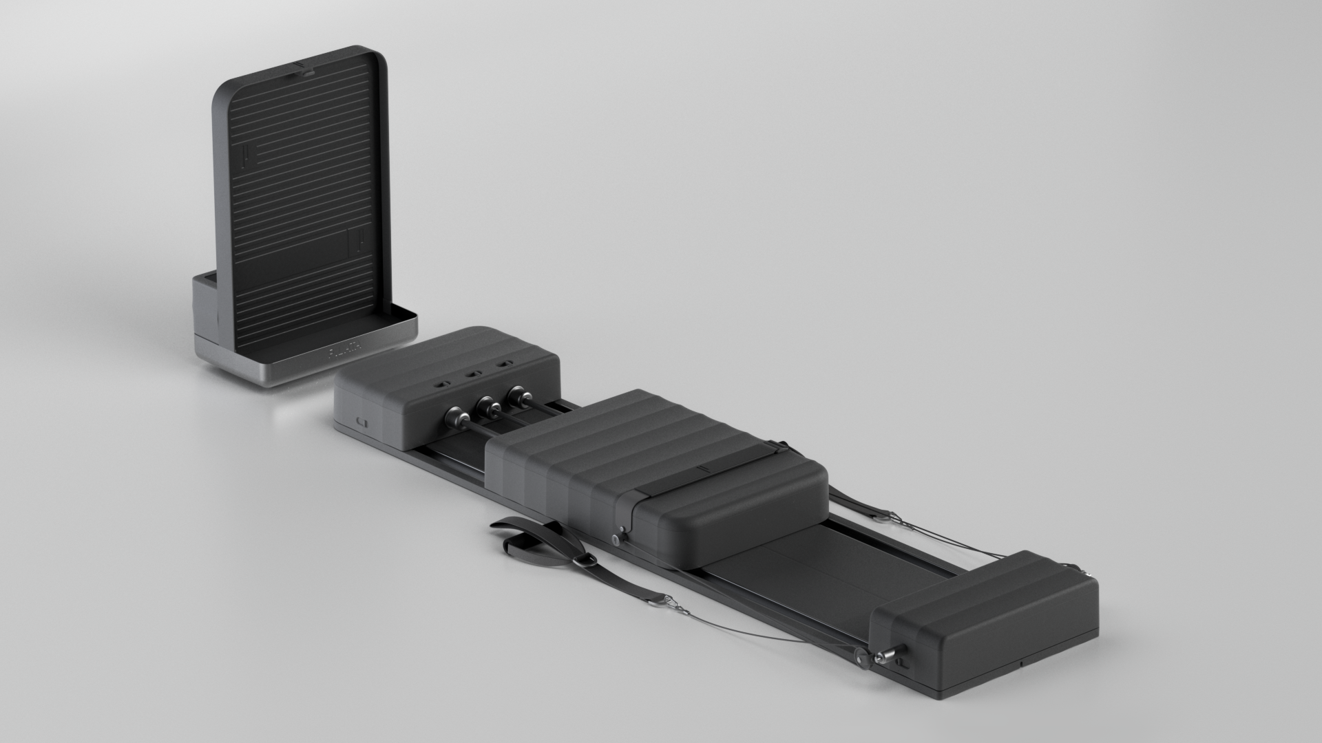 A sleek, black electronic device with a rectangular shape and a power cord connected to it, placed on a flat surface.