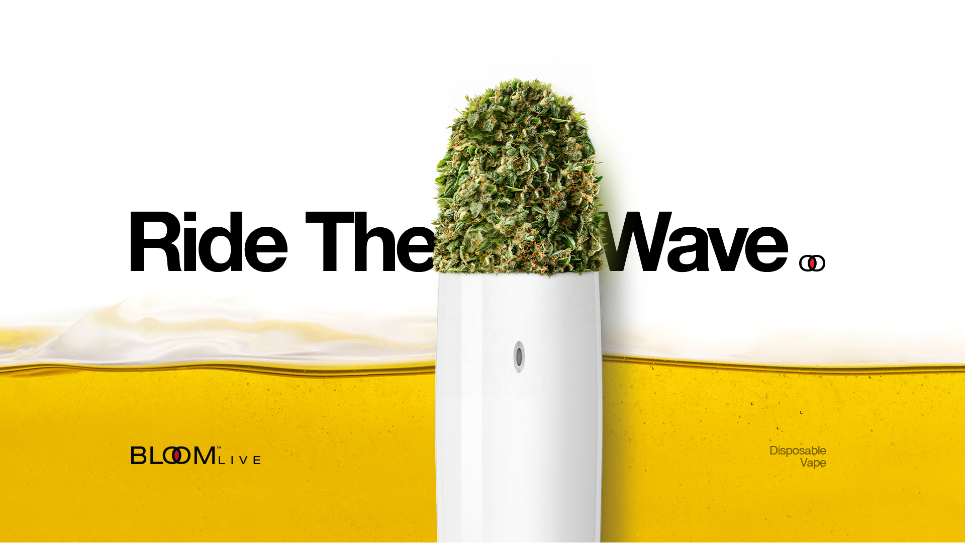 A white disposable vape with a green top, surrounded by yellow liquid, with the text "Ride The Wave" and "BLOOMLIVE" prominently displayed.