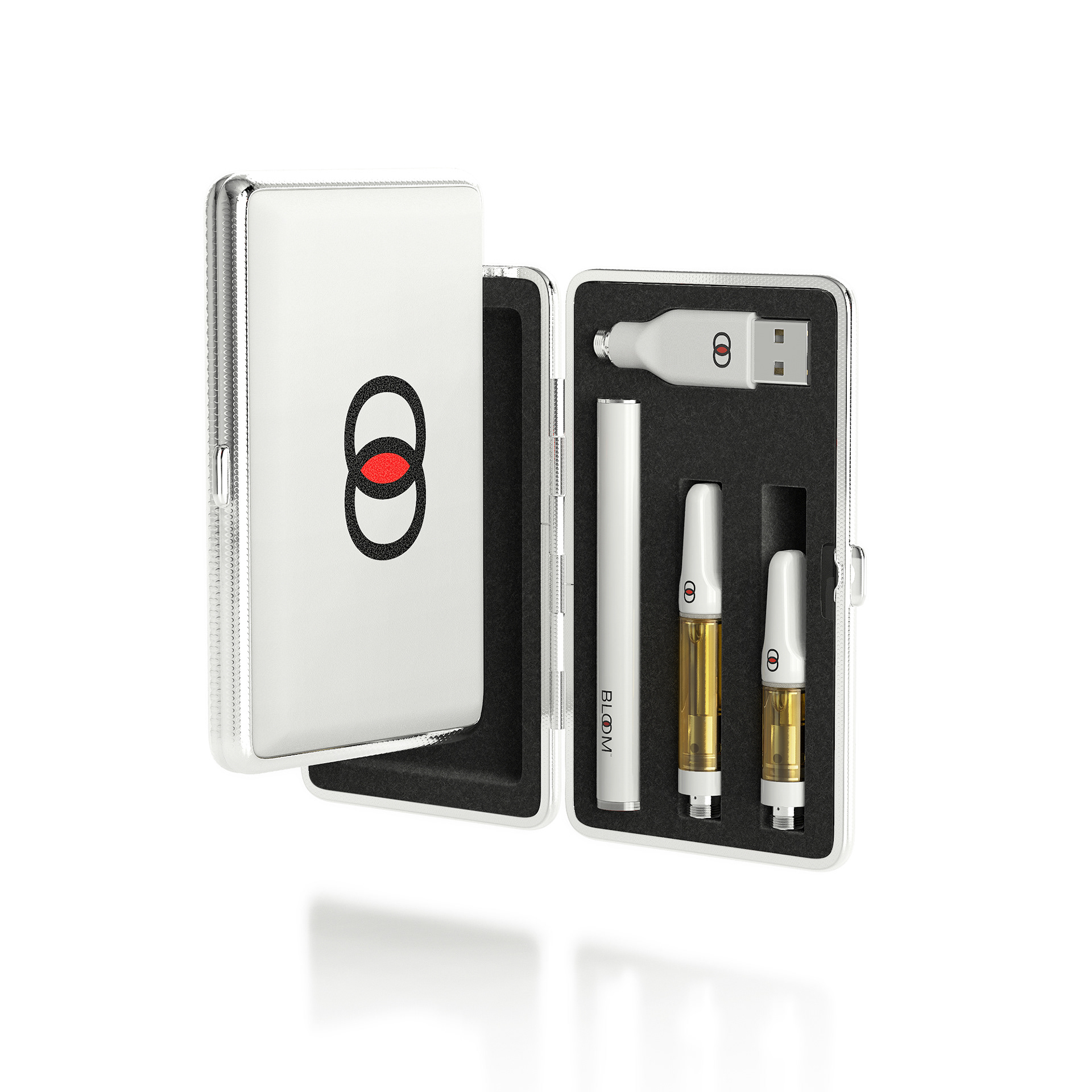 A white and black vaporizer kit with a red and black logo, including a USB charger, two cartridges, and a pen-like device.