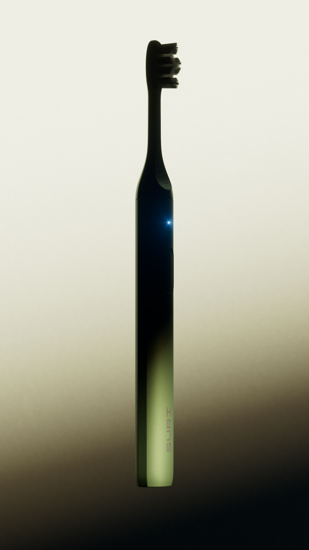 A sleek, black electric toothbrush with a glowing blue light on its handle, set against a gradient background.