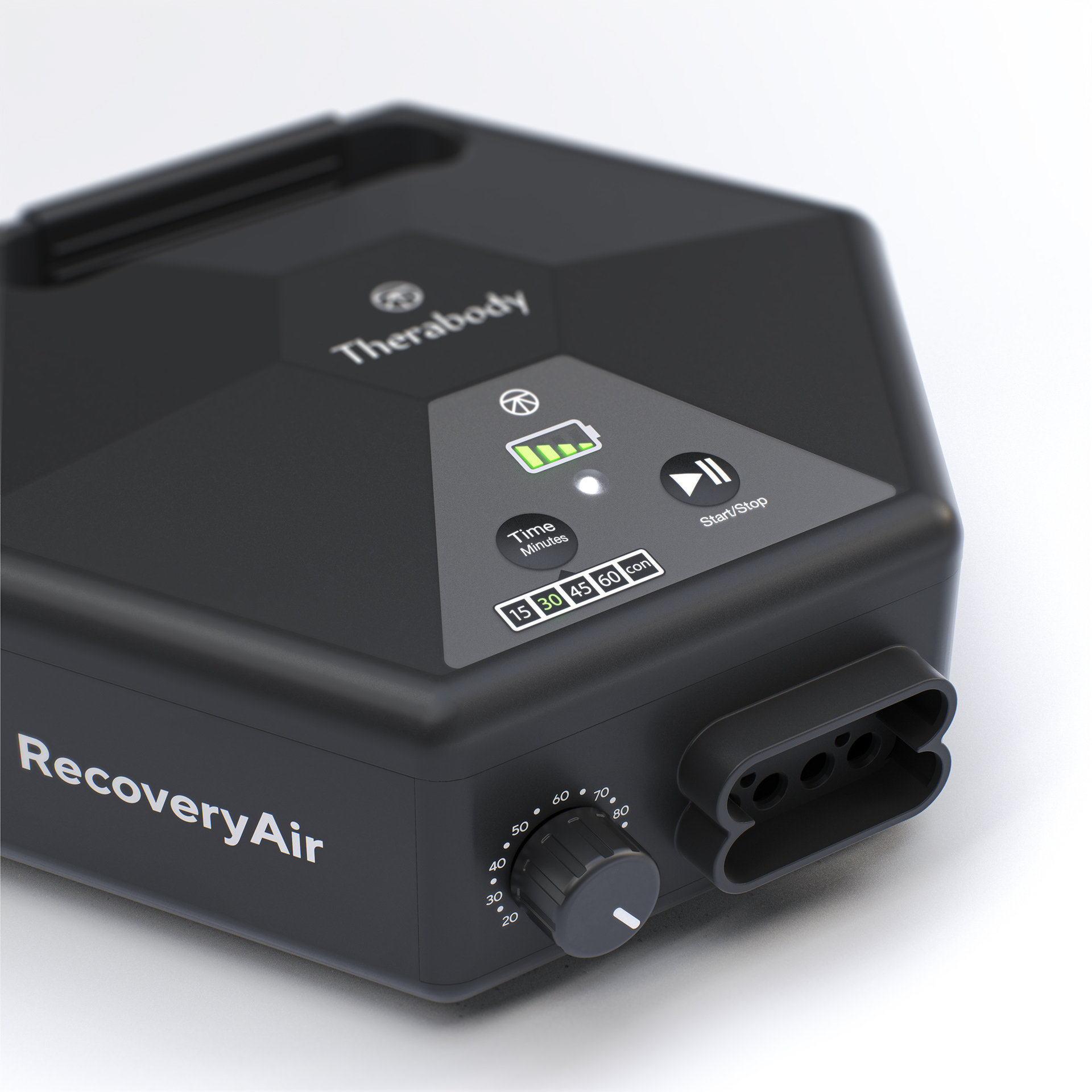 A black pump labeled "RecoveryAir" by Therabody, featuring a digital display, buttons, and a dial for control.