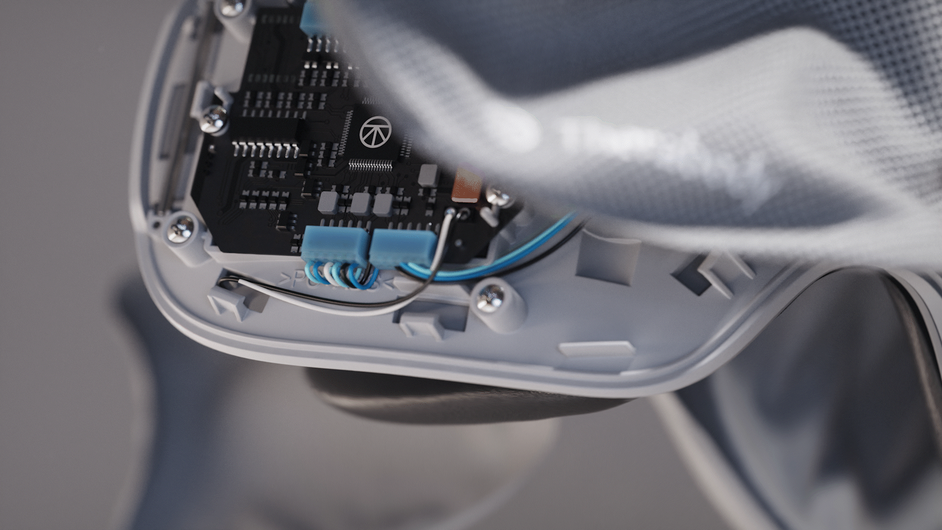 Animated sequence: A close-up of a futuristic device with a mesh cover, displaying the brand name "SPR" on a blue LED light.