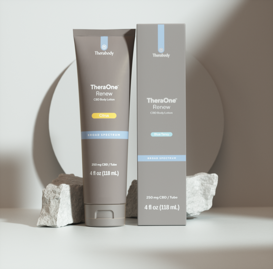TheraOne Renewal CBD Body Lotion, 250mg CBD per tube, 4 fl oz (118 mL), displayed on a neutral background with natural light.