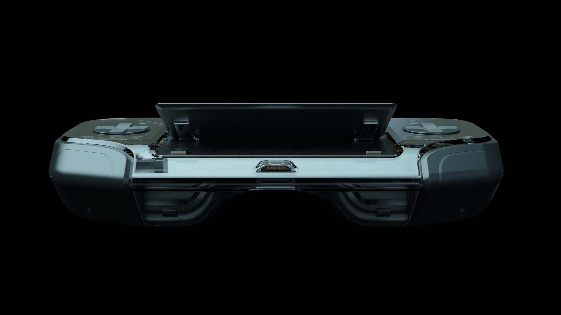 A handheld console with a metallic finish, featuring a large screen and multiple buttons, set against a black background.