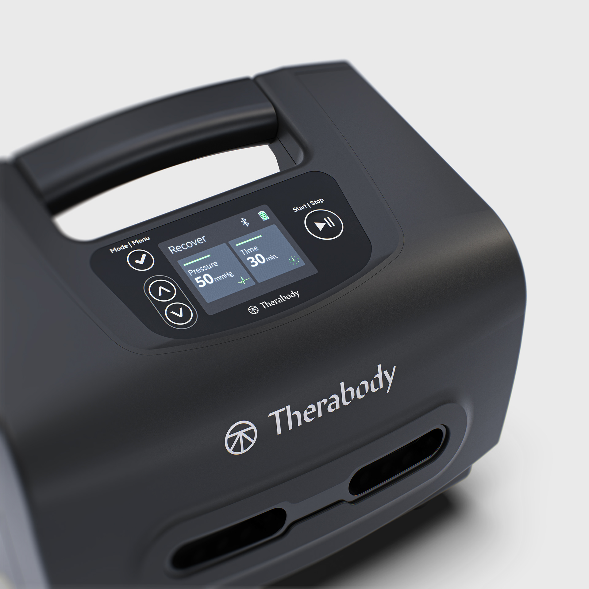 Black Therabody RecoveryAir pump with a carry handle, digital control screen, side buttons, and hose ports on a white background.