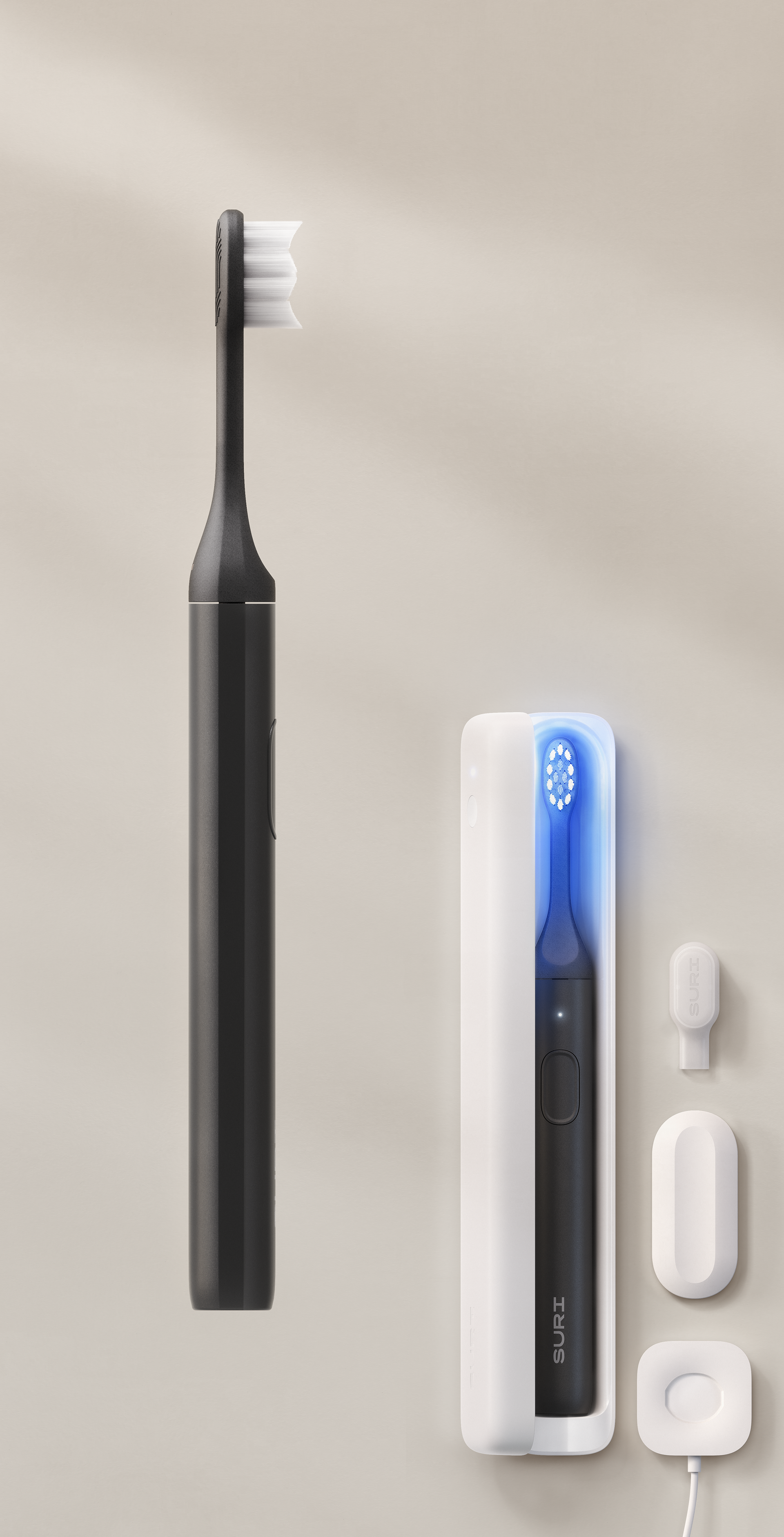 A black electric toothbrush next to its charging base, both against a neutral background.