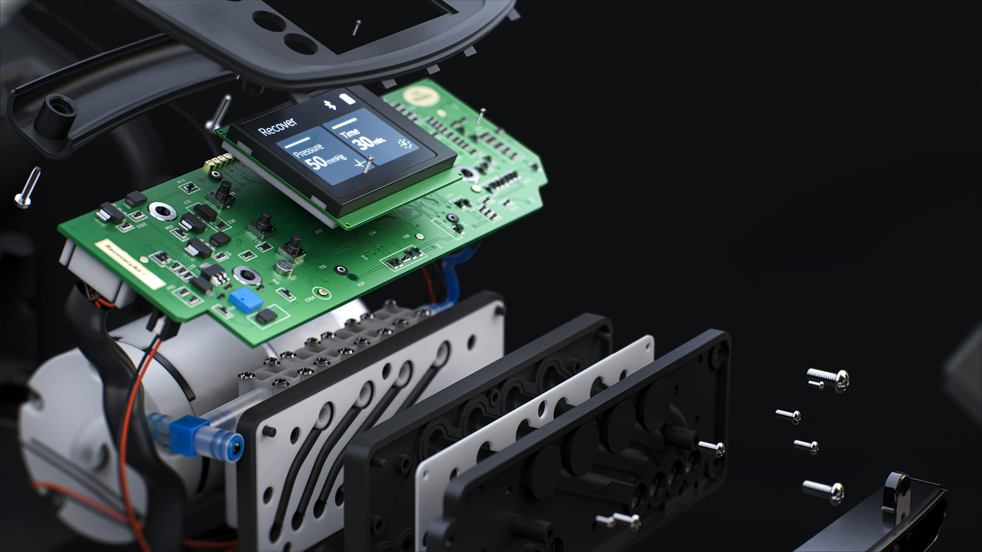 A close-up view of a green circuit board with various electronic components, including a blue LED indicator, and a black rectangular component labeled Recover.