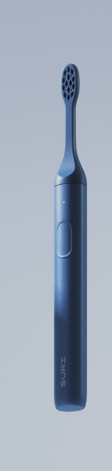 A sleek, dark blue electric toothbrush with a textured head and a simple control panel, labeled SURI.