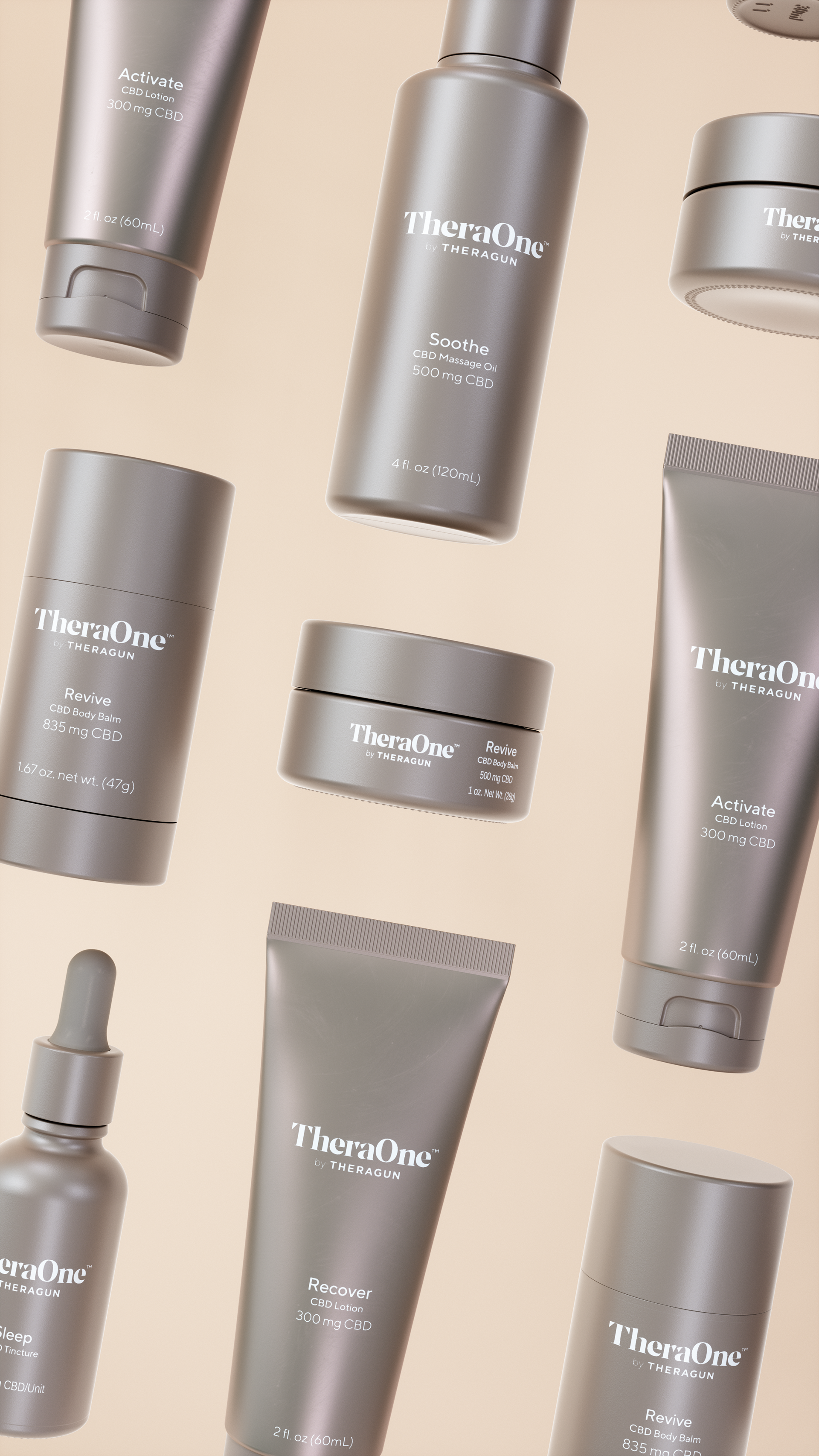 TheraOne skincare products arranged on a gradient background, including "Activate," "Soothe," and "Recover" bottles.