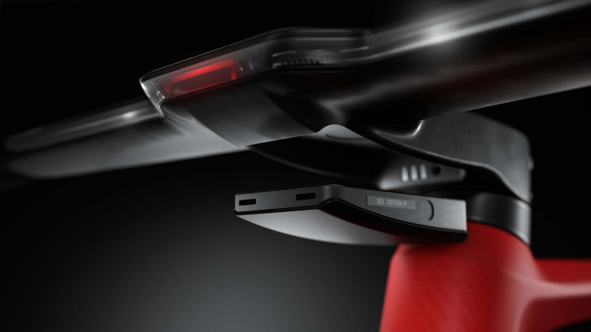 A sleek, black and red bicycle frame with a red light on top, showing modern design elements.