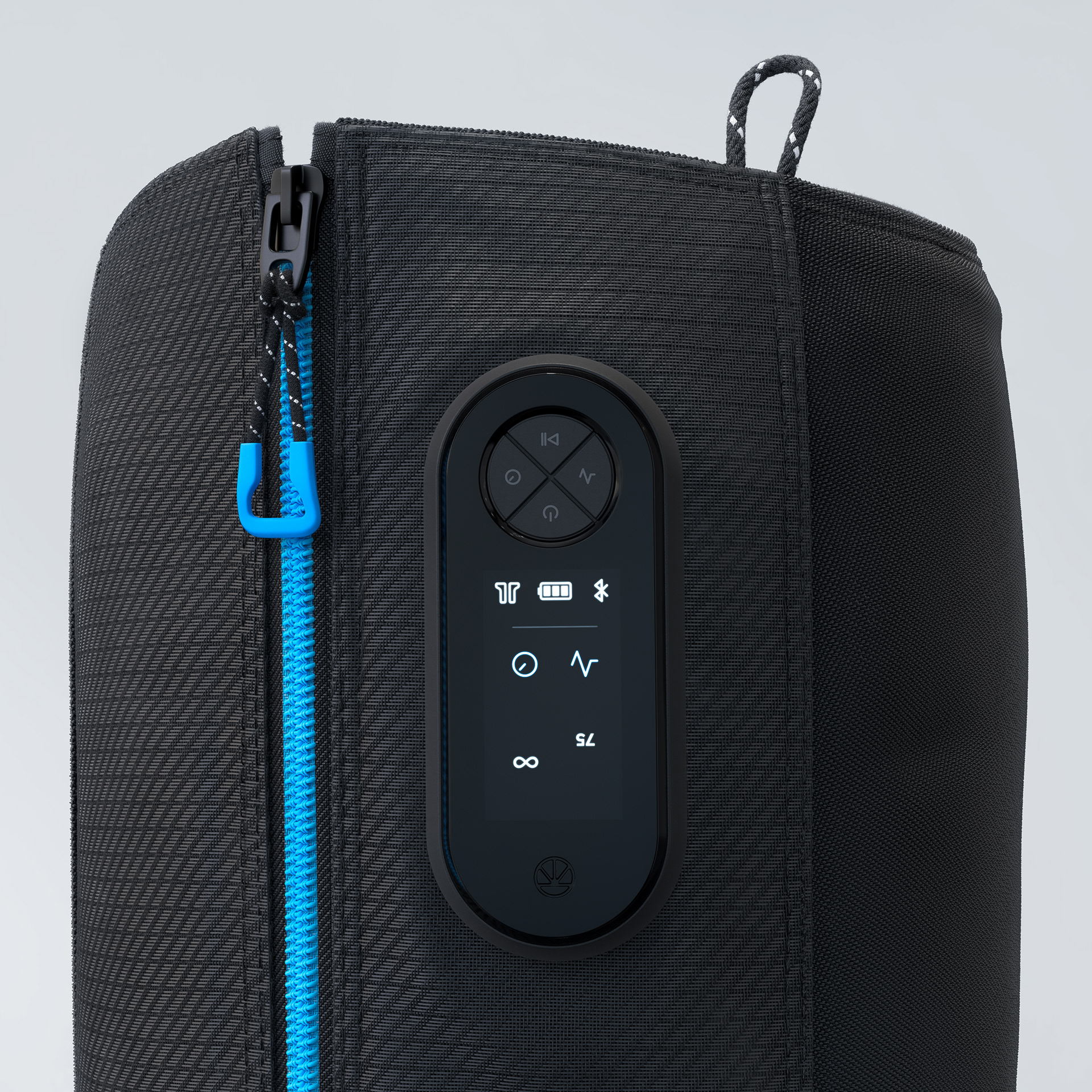Black Therabody RecoveryAir JetBoot with blue zipper trim and an integrated control panel showing icons and an infinity symbol.