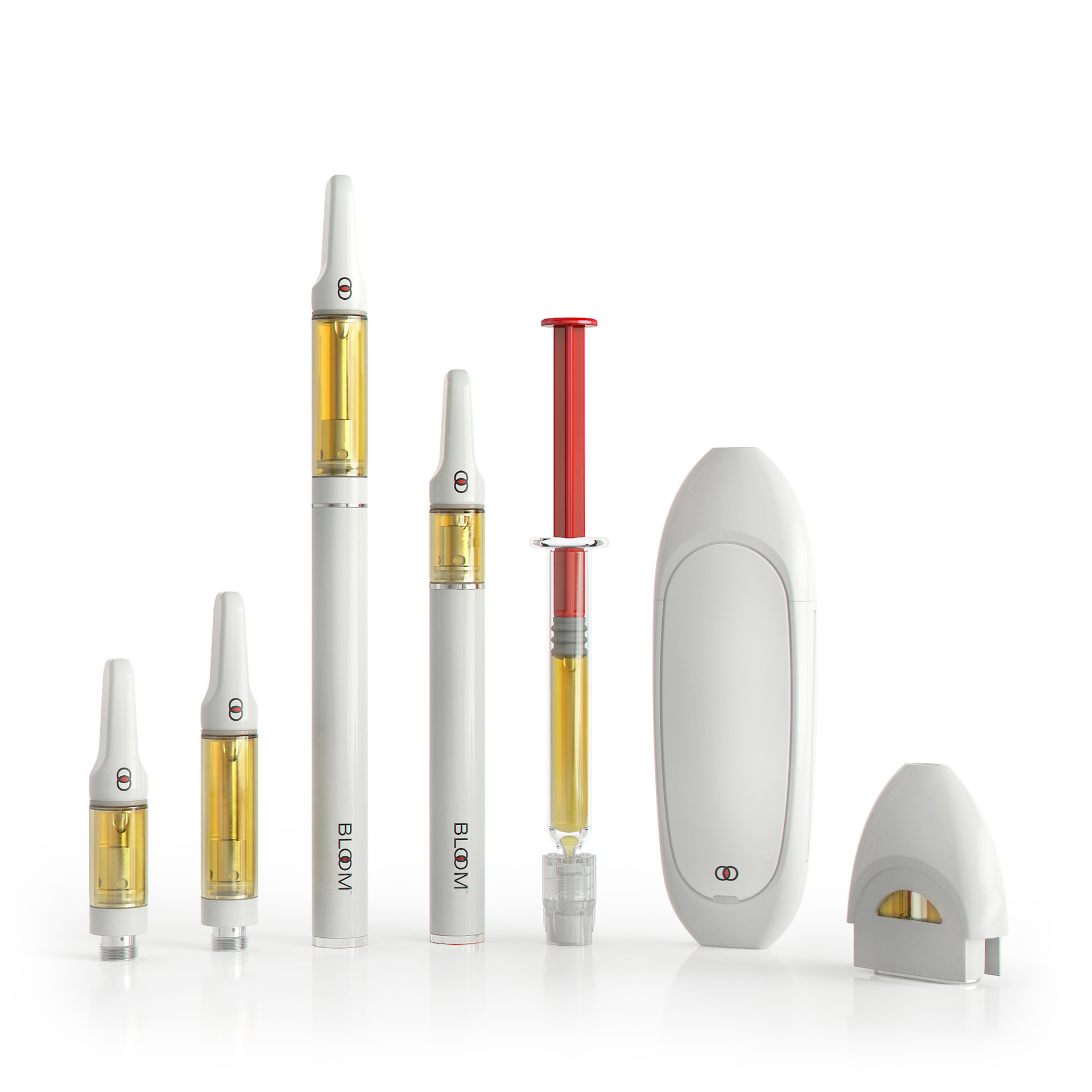 A white electronic device with a red button and a transparent cartridge containing a yellow liquid.