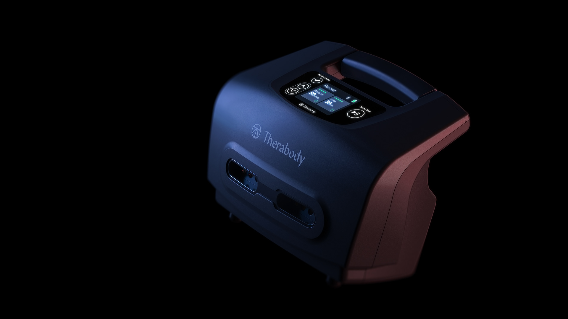 A sleek, dark blue and red Therabody device with a digital display and USB port, showing its modern design.