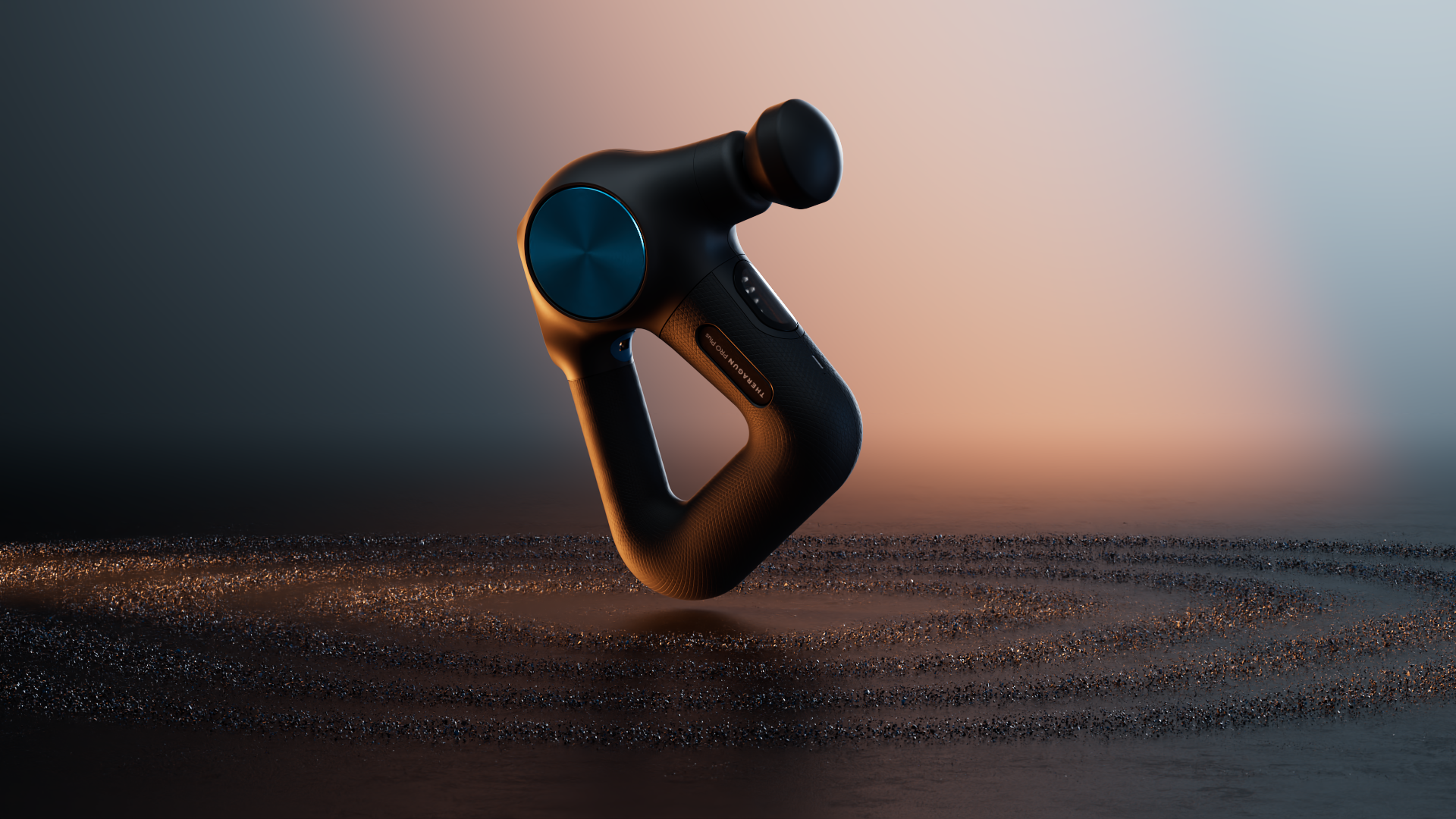 A black Theragun Pro Plus device with a blue circular button, resting on a textured surface with a gradient background.