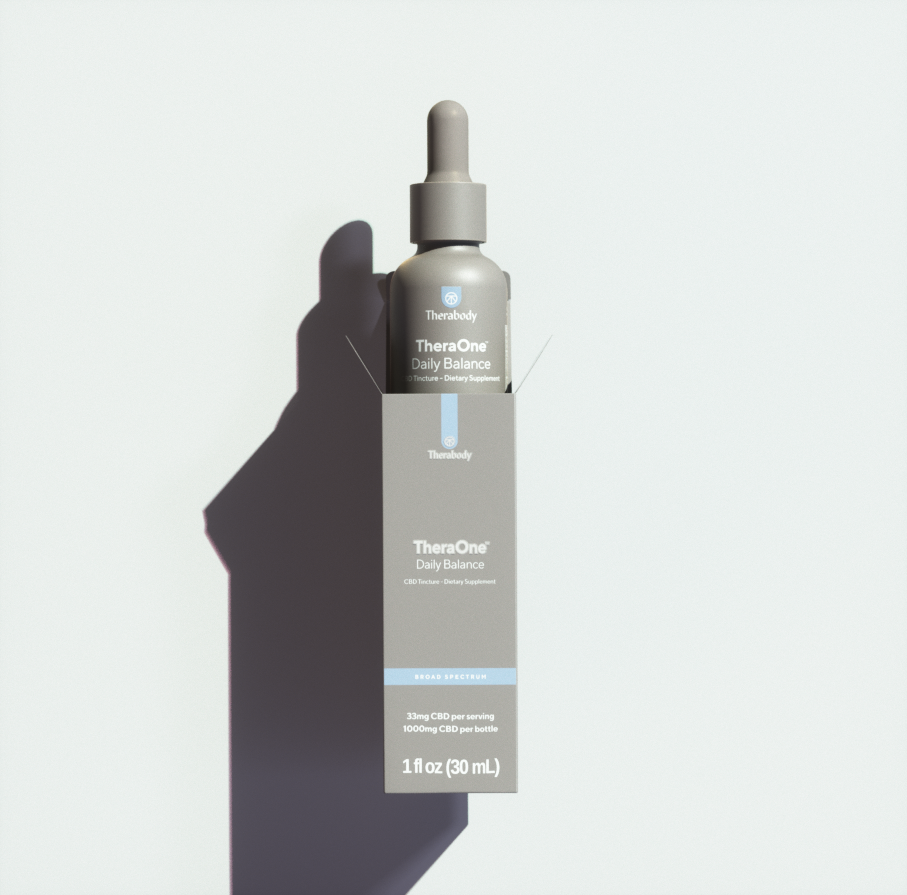 TheraOne Daily Balance serum bottle with dropper, 1 fl oz (30 ml), light gray cap, white background, blue label.