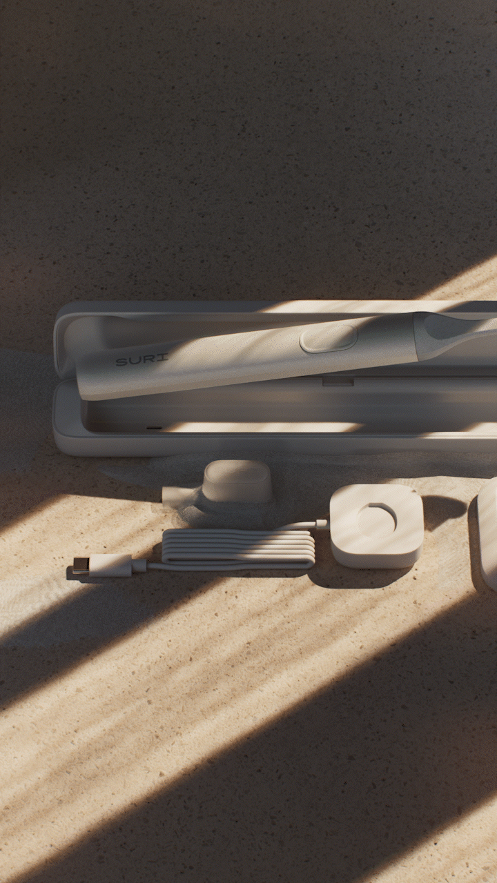 Animated sequence: A sleek, modern toothbrush holder with a white bristle brush inside, placed on a wooden surface.
