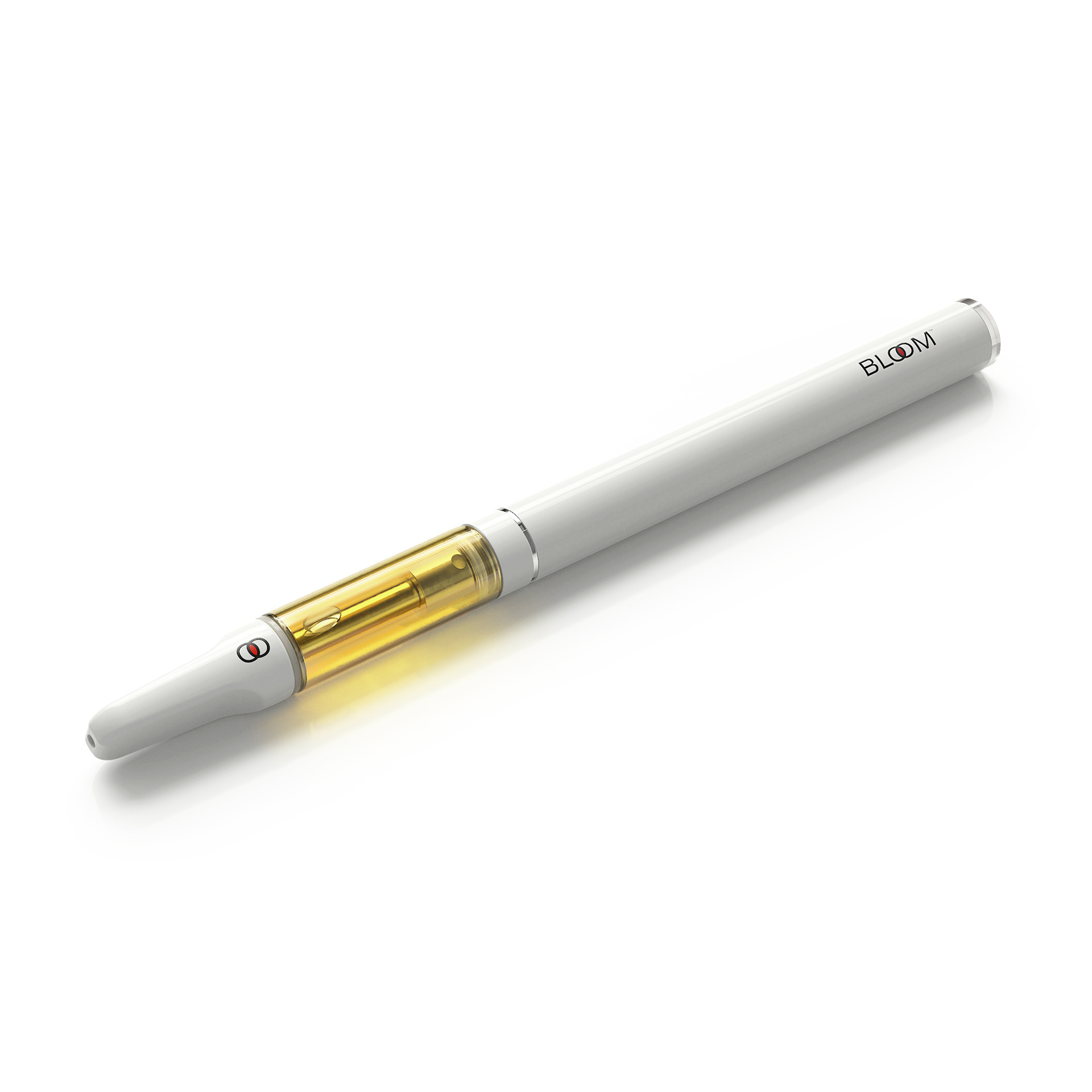 A white vape pen with a gold cartridge, labeled "BLOOM" on the side.