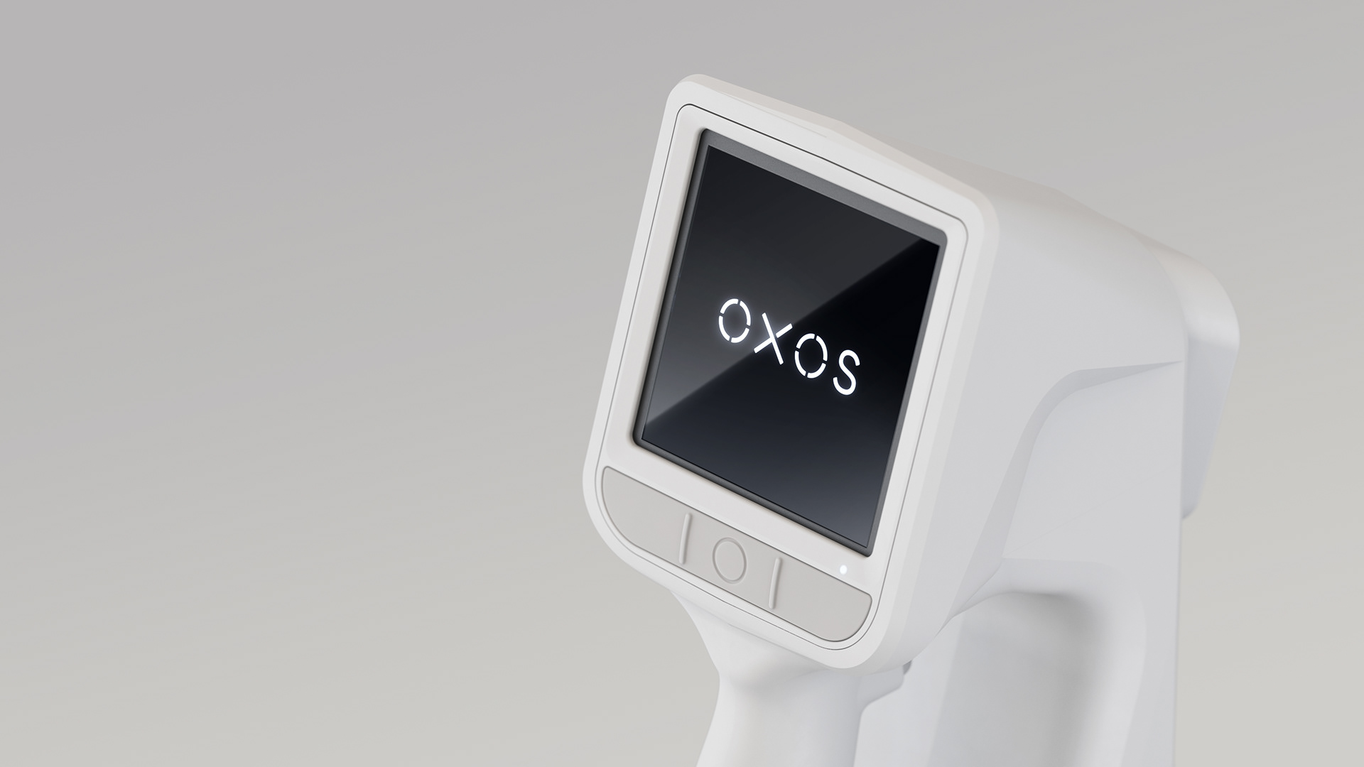 A sleek, white handheld device with a digital display showing "OXOS" on a gray background.
