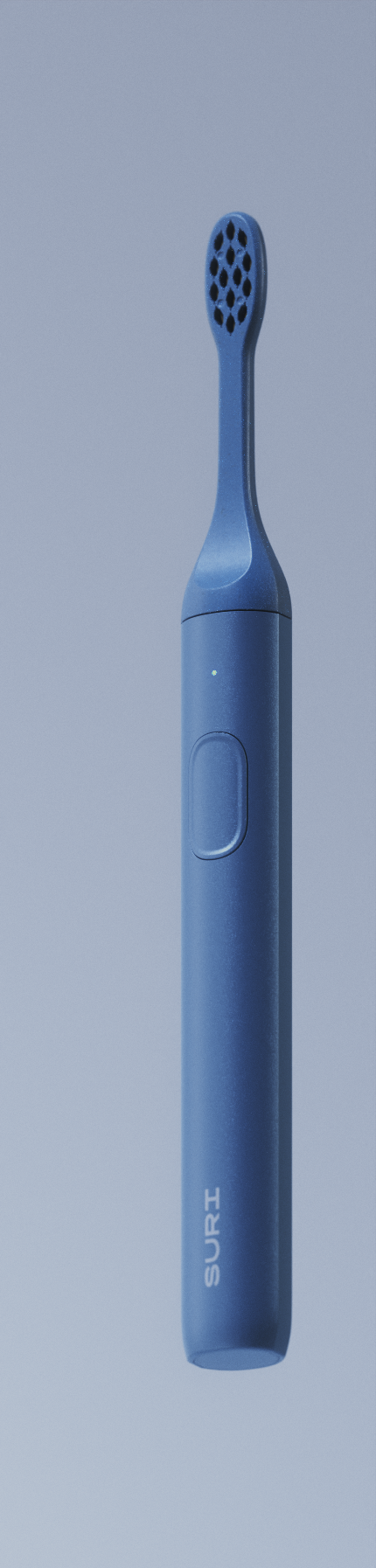 A sleek, blue electric toothbrush with a textured head and a simple control panel, labeled SURT.