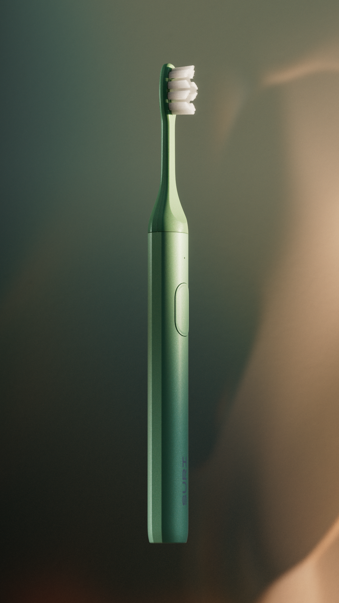 A green electric toothbrush with white bristles, displayed against a gradient background.