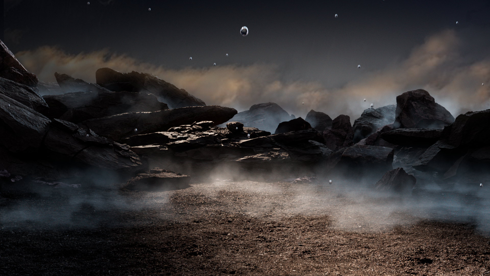 A dark, rocky landscape with a dust cloud in the foreground, stars in the sky, and a moon-like object hovering above.