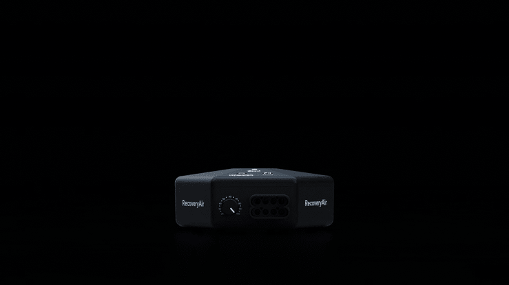 Animated sequence: Therabody RecoveryAir Pump displaying control buttons and brand logo on a dark background.