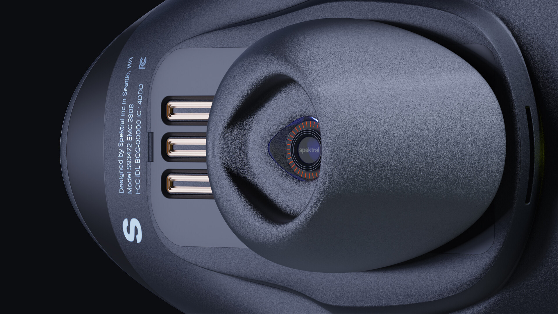 A sleek, dark blue earphone case with a USB-C port and three LED indicators, labeled "SPEKTRAL" on the front.