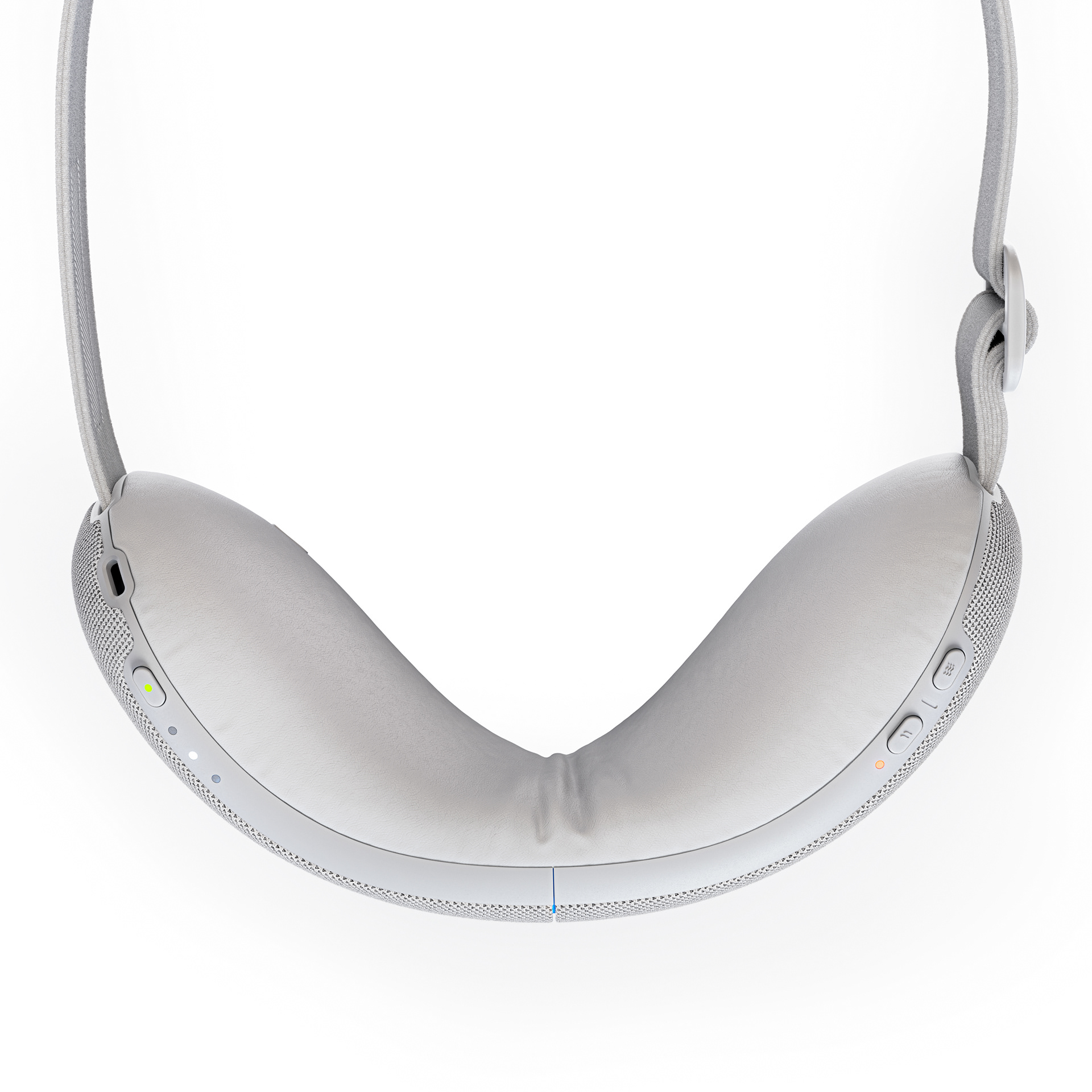 A sleek, futuristic device resembling a pair of goggles, with a curved, white frame and a small screen at the bottom.