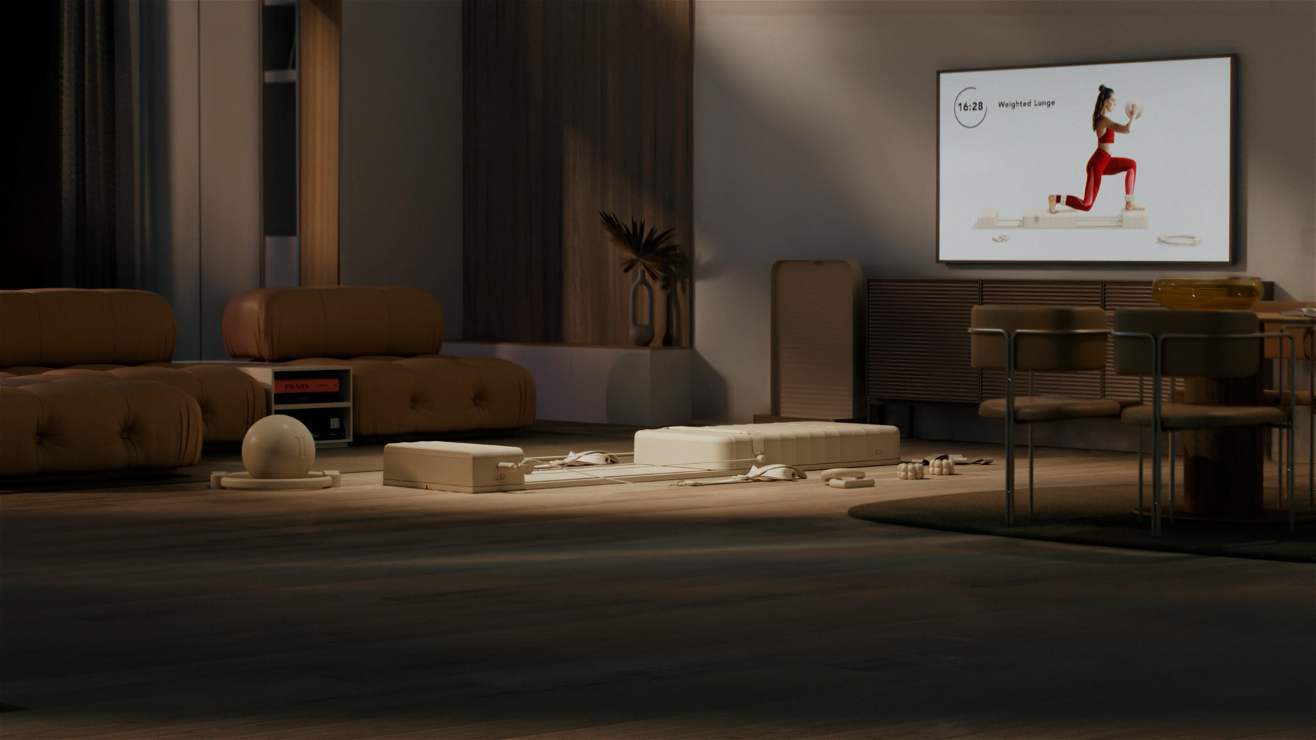 A modern living room with a large TV displaying an animated character, surrounded by minimalist furniture and decor.