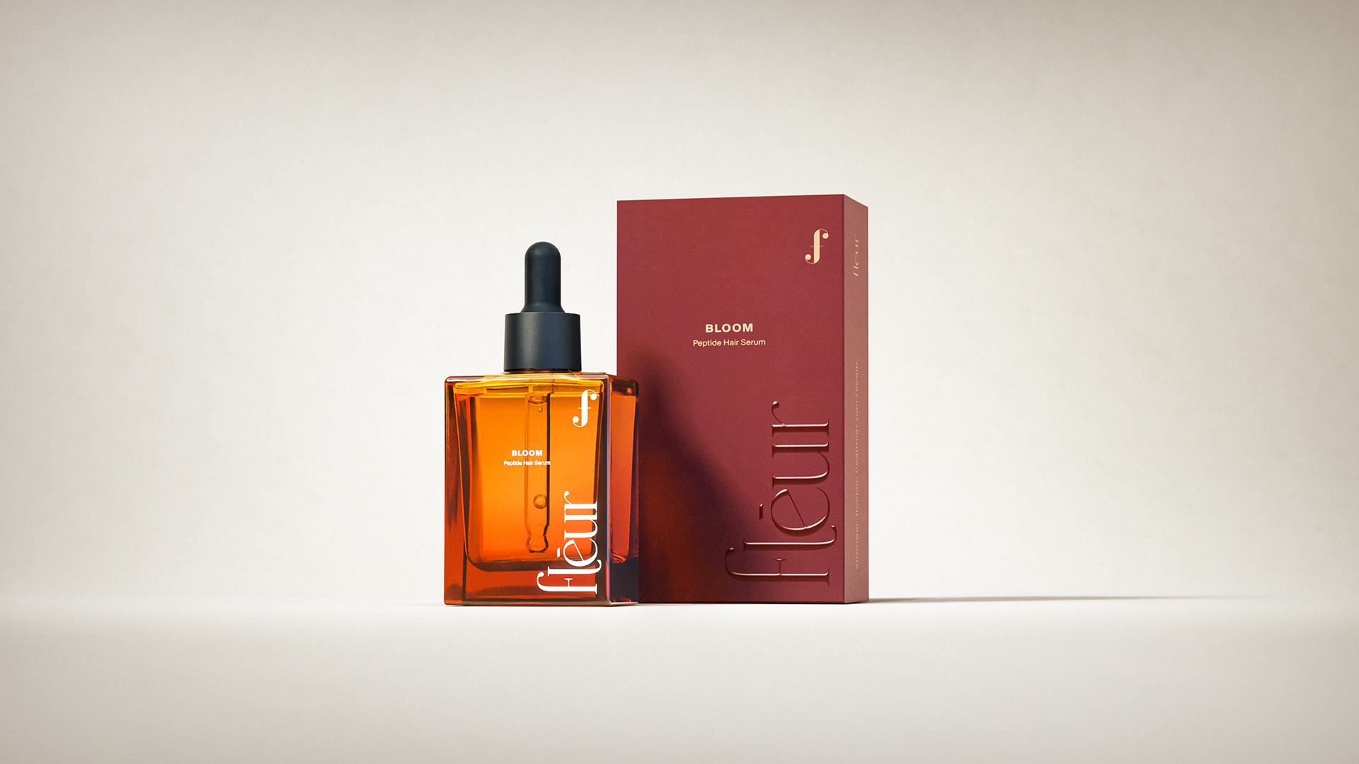 A sleek, amber-colored bottle of Fleur Bloom Peptides serum next to its matching red box on a neutral background.