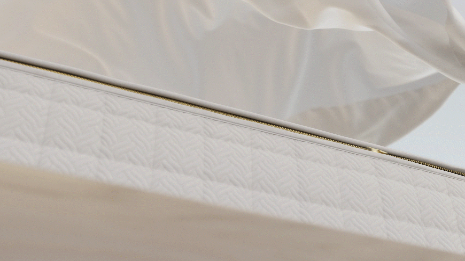 Animated sequence: A close-up of a mattress's zipper, showing its smooth texture and metallic finish.