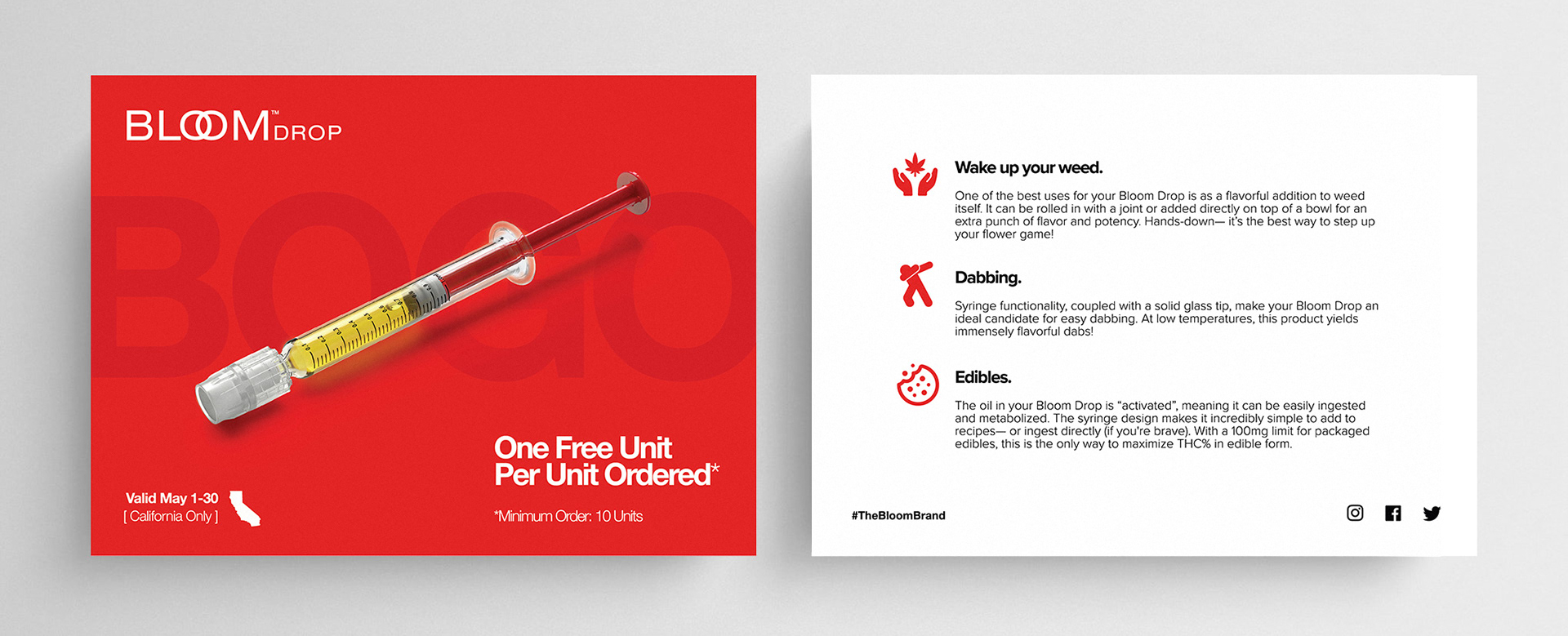 A red brochure page for Bloom Drop, featuring a syringe-like device with a glass tip, accompanied by text describing its features and usage instructions.