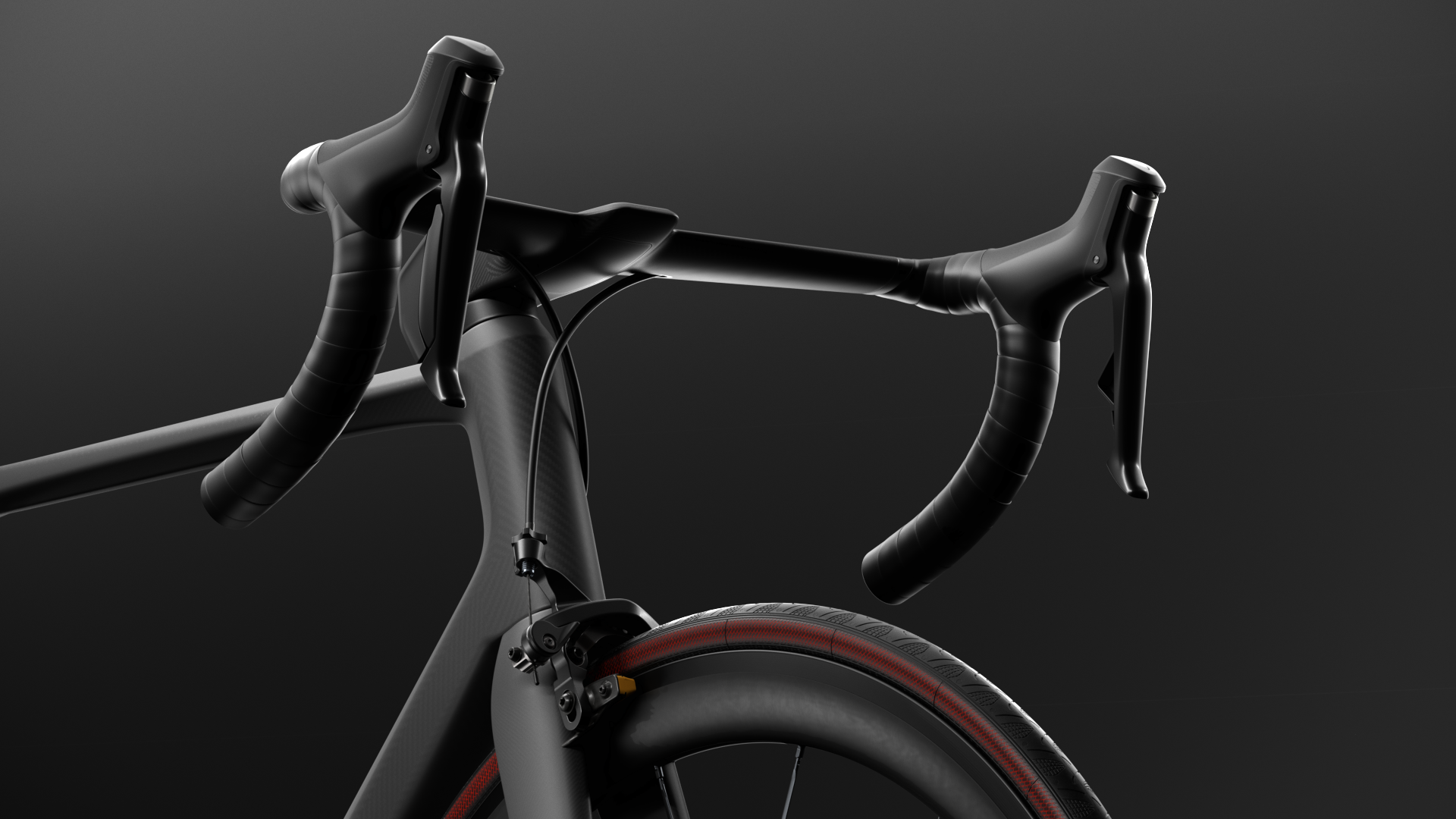 A sleek, black carbon fiber bicycle frame with aerodynamic design, featuring a drop handlebar setup and integrated brake levers.