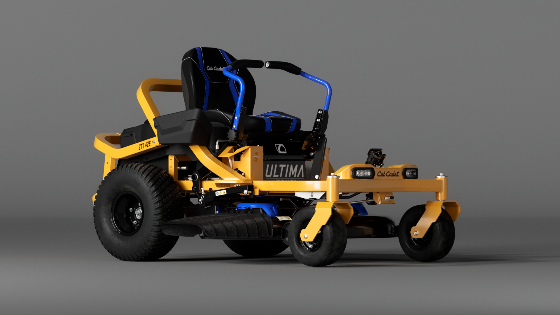 A yellow and black Cub Cadet lawn mower with "ULTIMA" written on the side, featuring a blue handle and black seat.