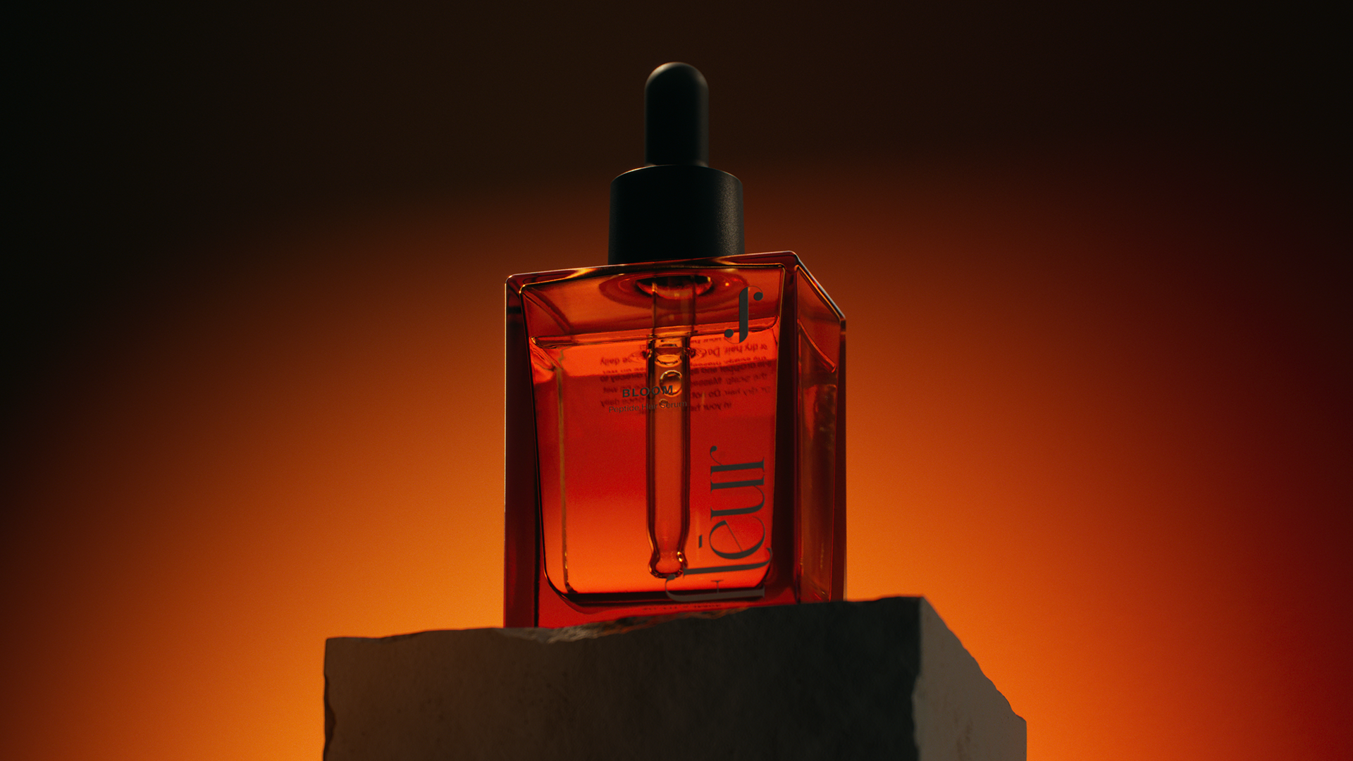 A glass dropper bottle filled with a vibrant red liquid, labeled "Fleur," set against a warm orange background.