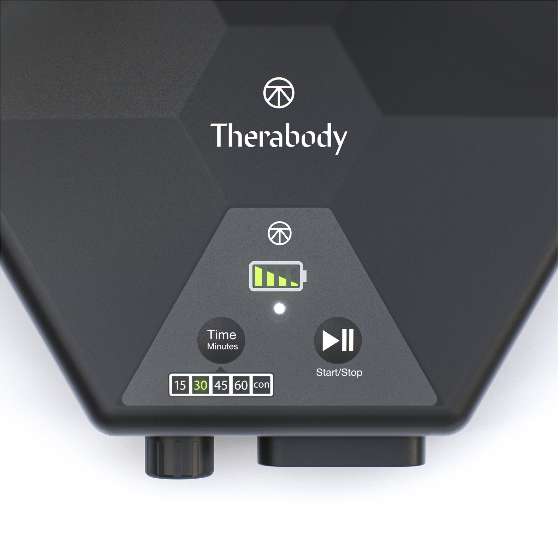 A black Therabody recovery air pump with a battery icon, time selector, and start/stop button.