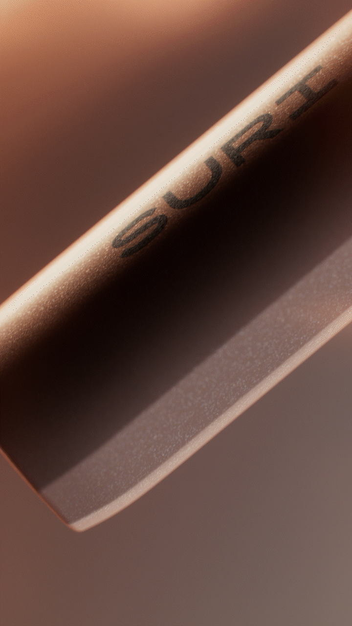 Animated sequence: A close-up of a sleek, metallic object with the word "SURI" prominently displayed on its surface.