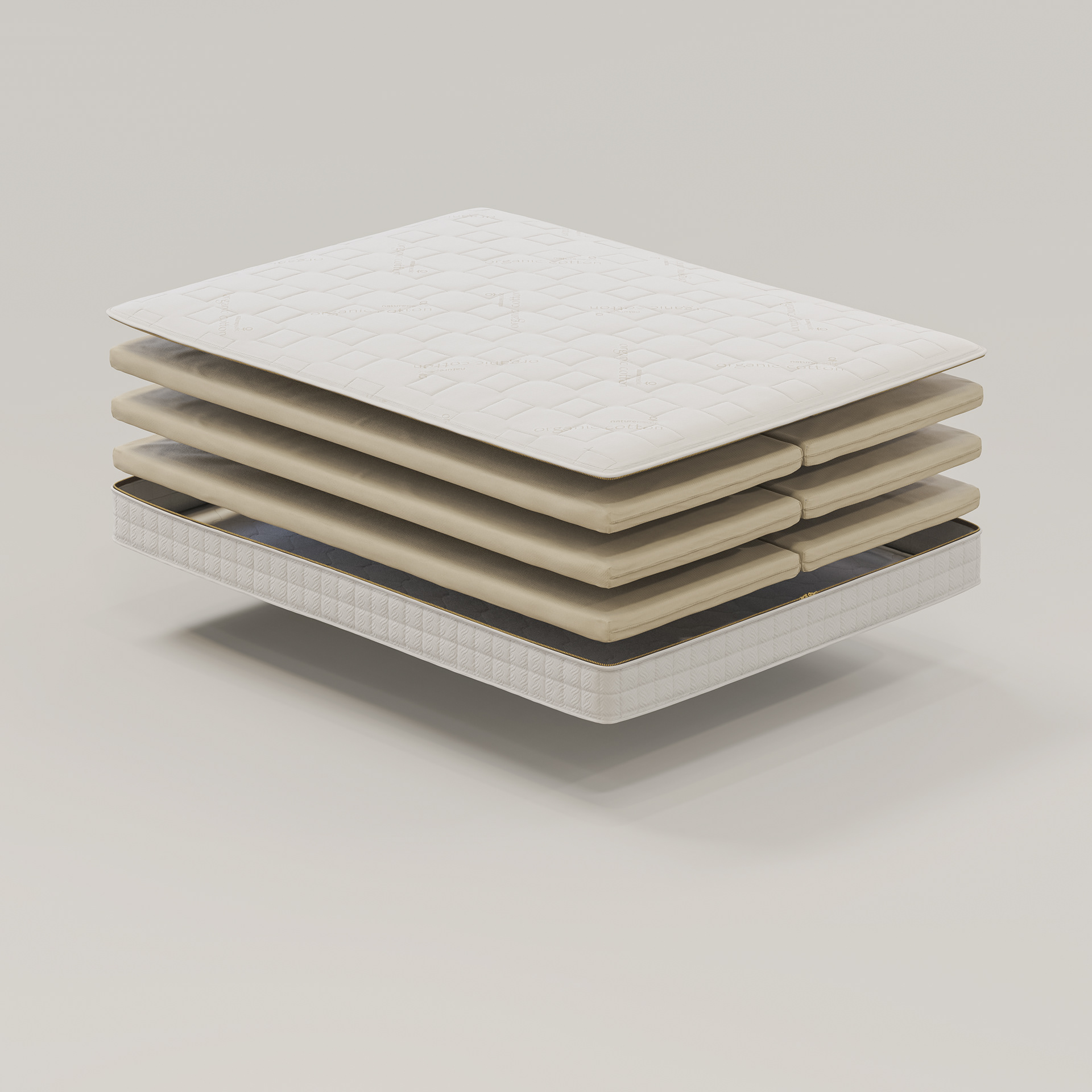 A stack of mattress layers showing different textures and colors, showing the "EOS SERIES" and "NATURPEDIC" branding.