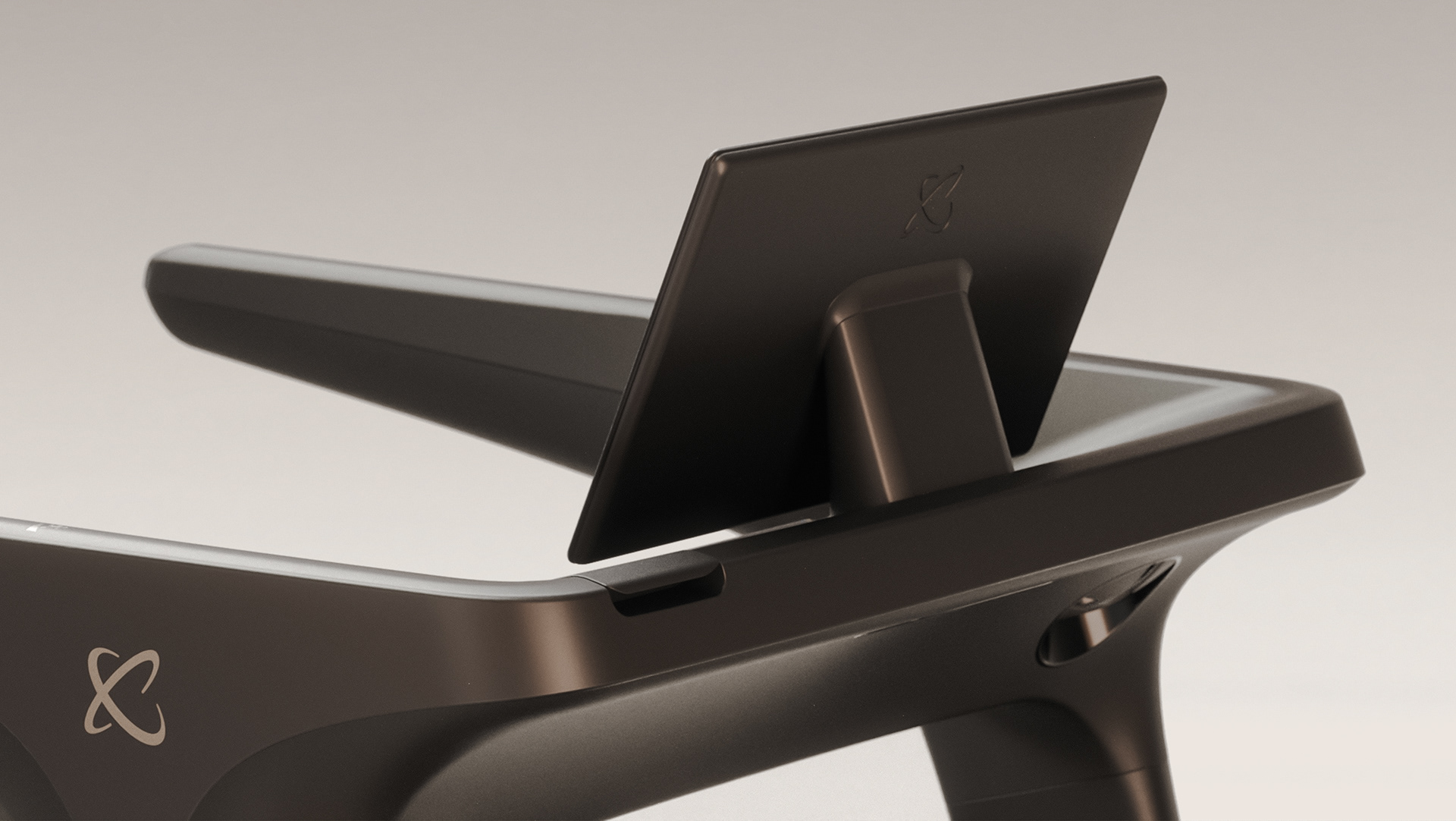 A treadmill with a modern design, featuring a black finish and a minimalist aesthetic.