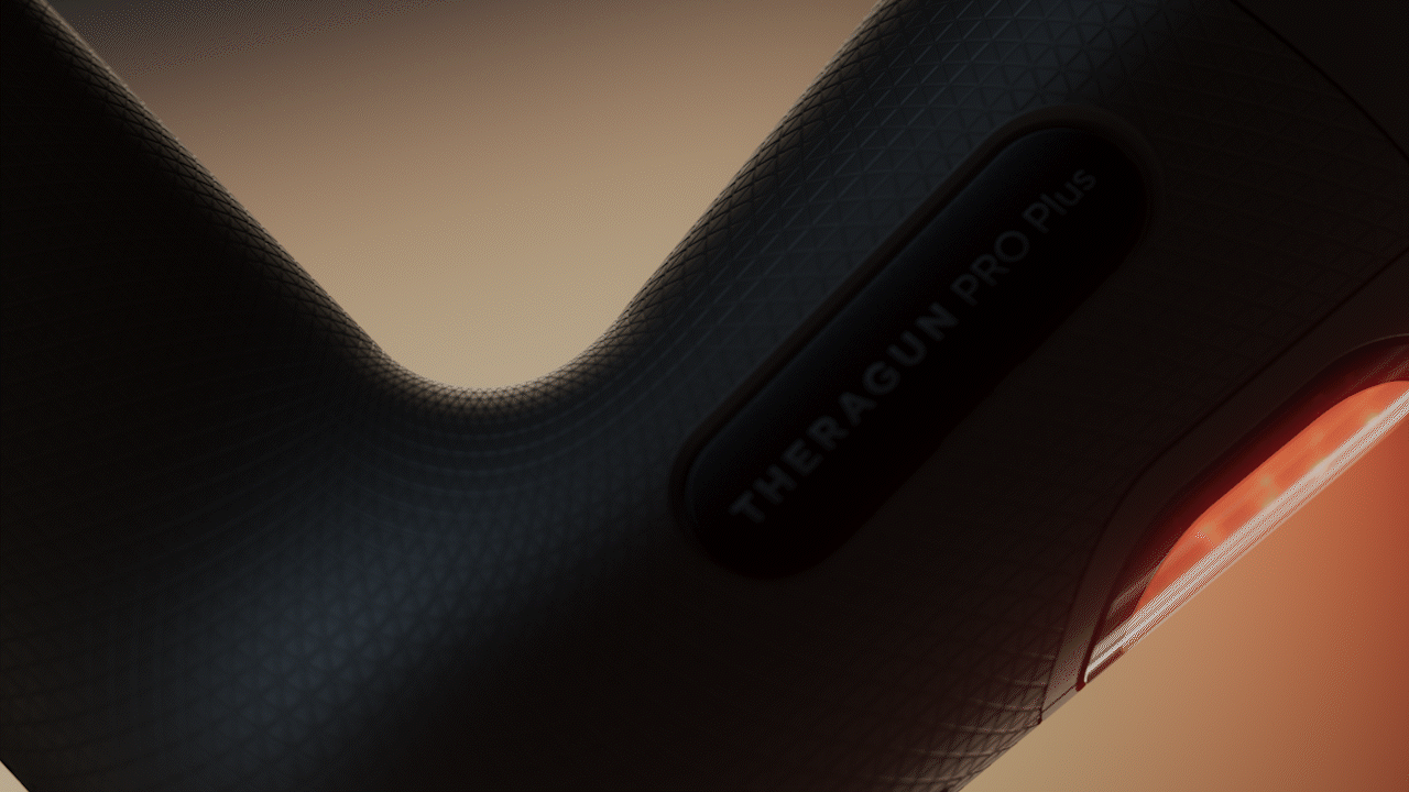 Animated sequence: Close-up of Theragun Pro Plus device, showing its sleek black design and textured grip.