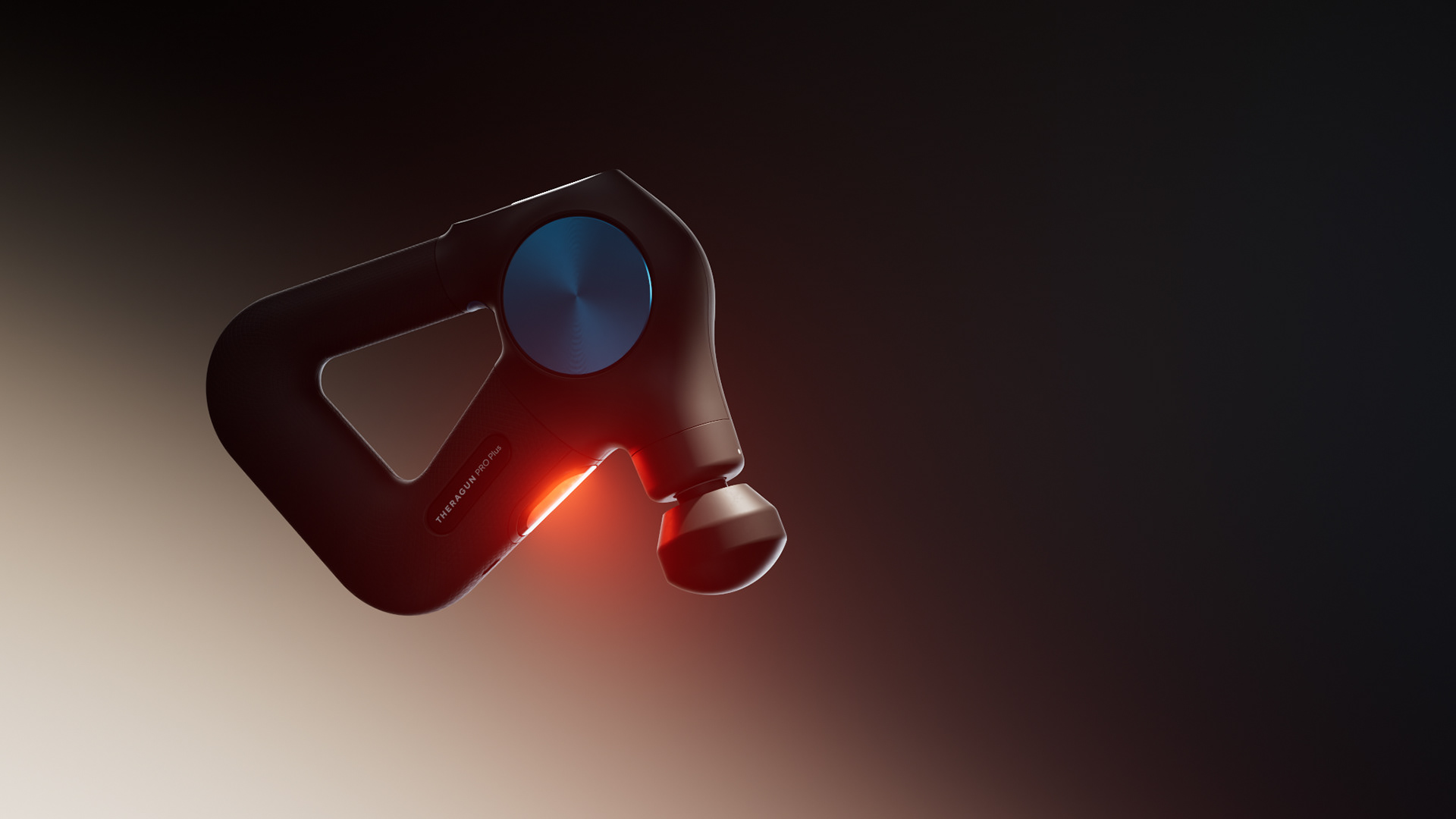 A sleek, black Theragun Pro Plus device with a blue circular pad and red LED light on a gradient background.