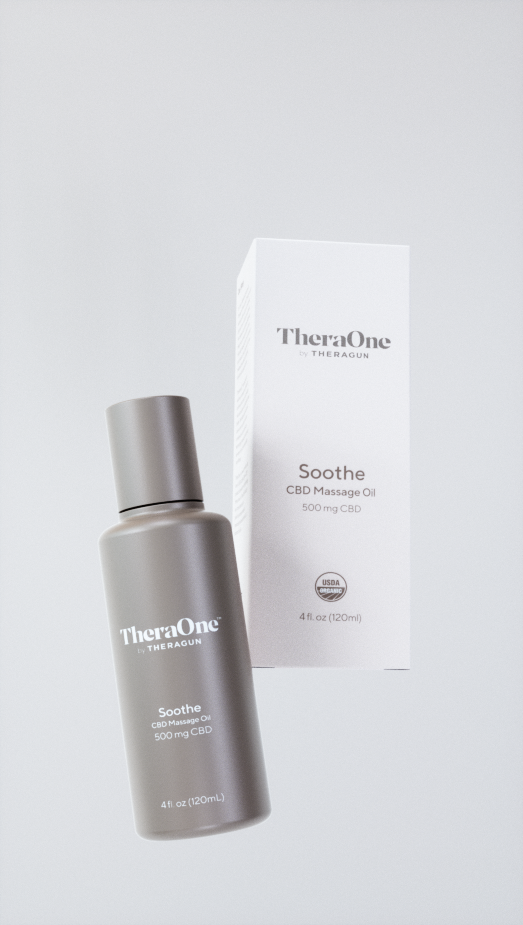 TheraOne Soothe CBD Massage Oil, 500mg CBD, 4 fl oz (120ml), displayed next to its packaging box.
