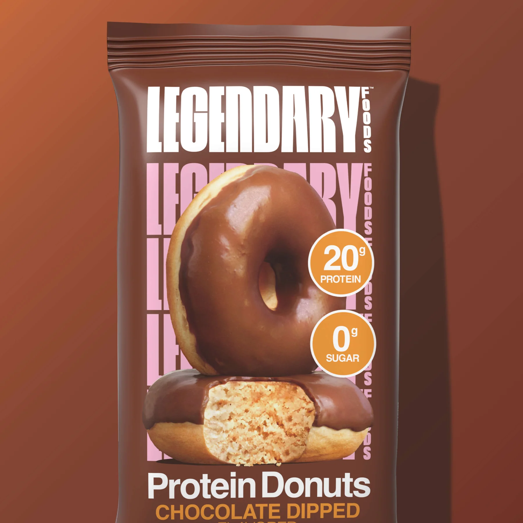 Chocolate-dipped protein donuts from Legendary Foods, 20 grams of protein, zero sugar, in a brown package.