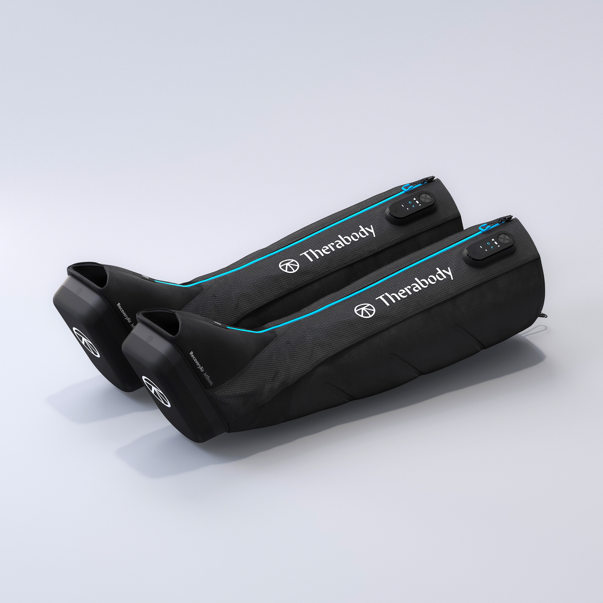 RecoveryAir Jetboots by Therabody, black neoprene boots with blue accents and control buttons.