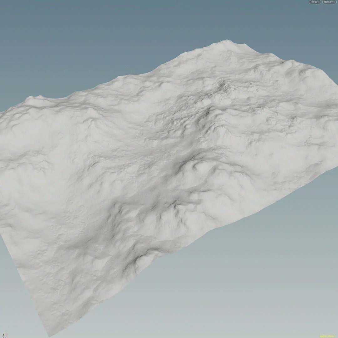 Animated sequence: A 3D landscape model of a city with various terrains and structures, including roads, buildings, and natural features, displayed in a realistic style.