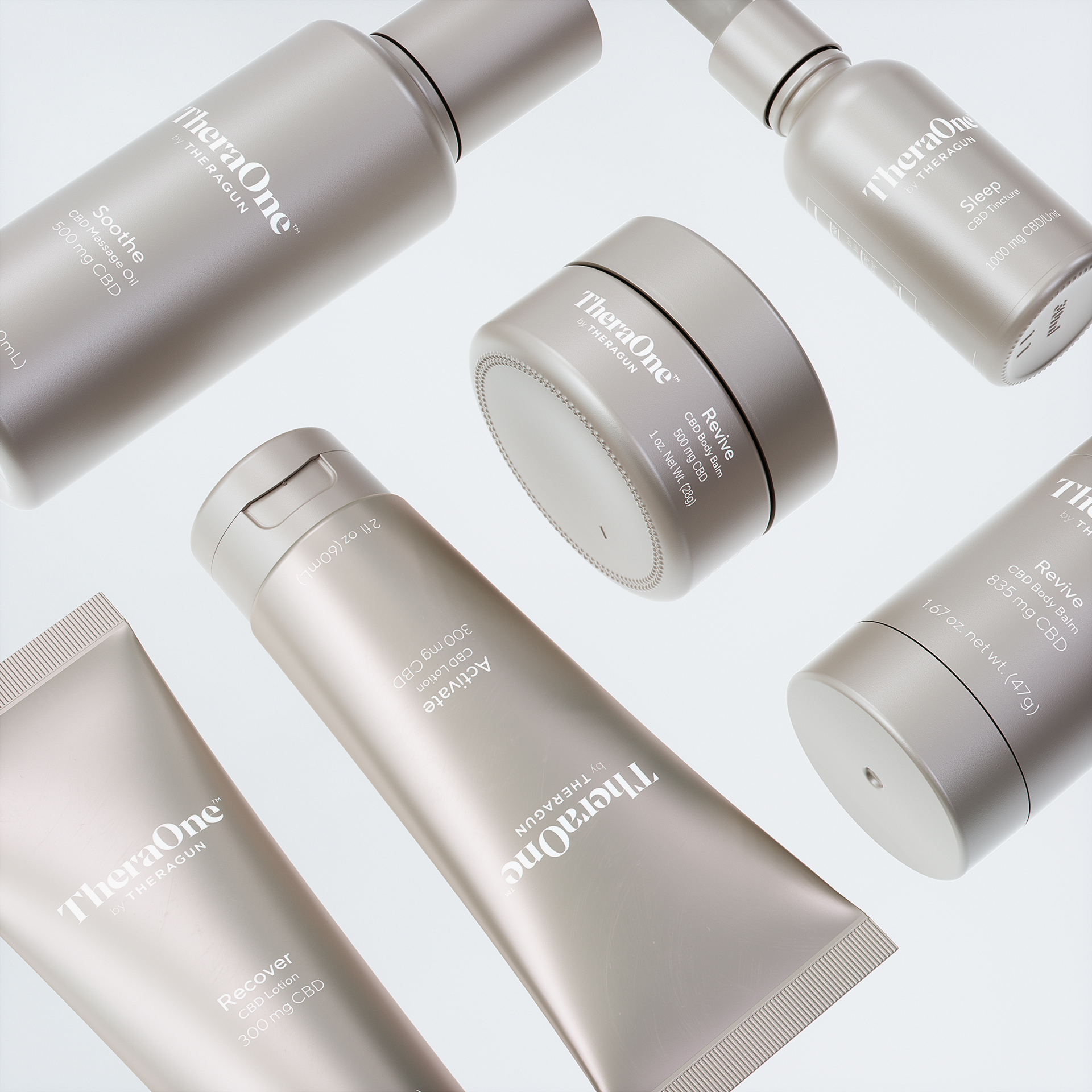 TheraOne skincare products in neutral tones, including a bottle, tube, and jar, arranged on a white background.