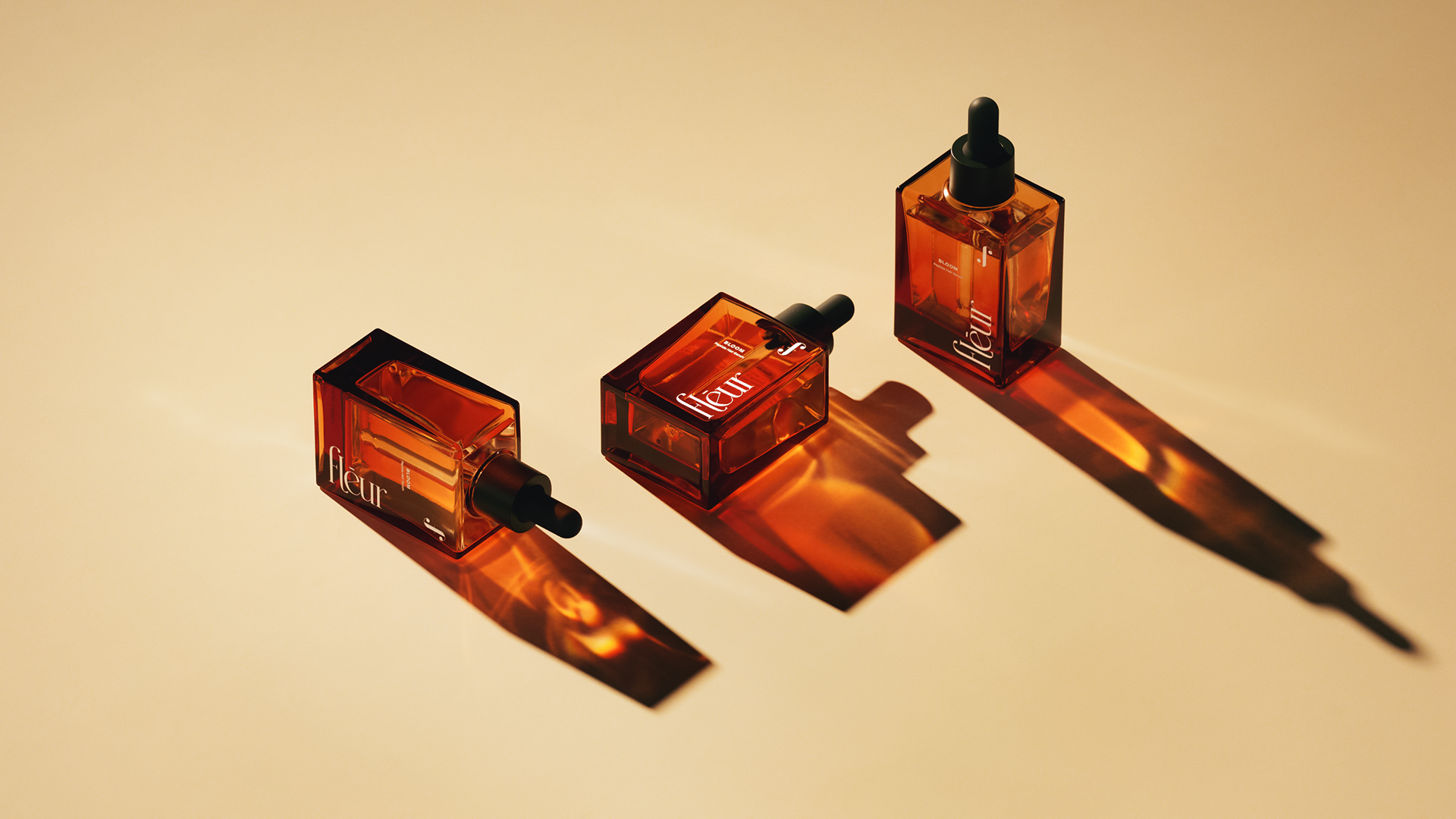 Three glass bottles filled with a golden liquid, each labeled with different names, arranged on a neutral background.