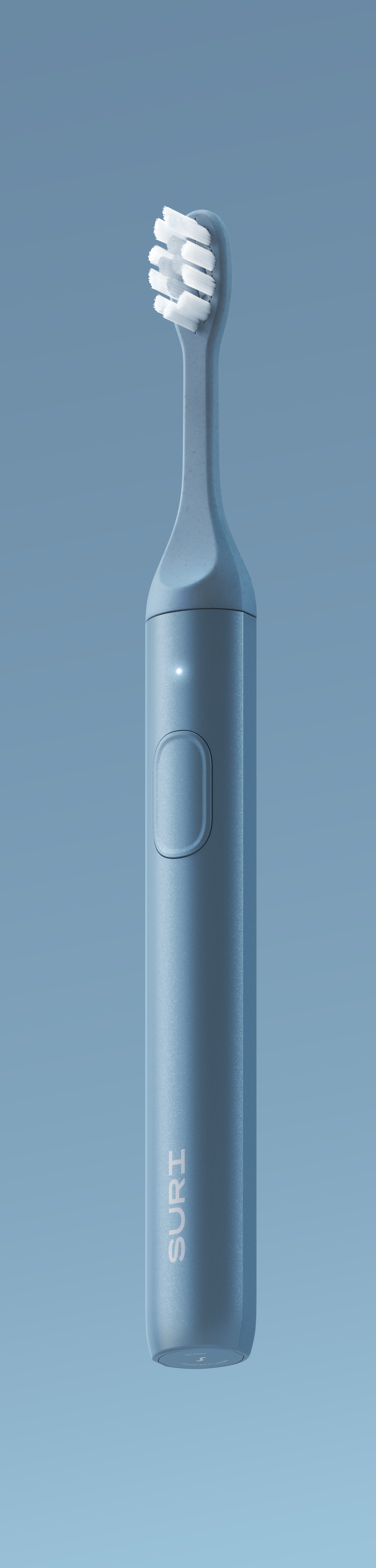 A sleek, blue electric toothbrush with a charging port and button, labeled SURI.