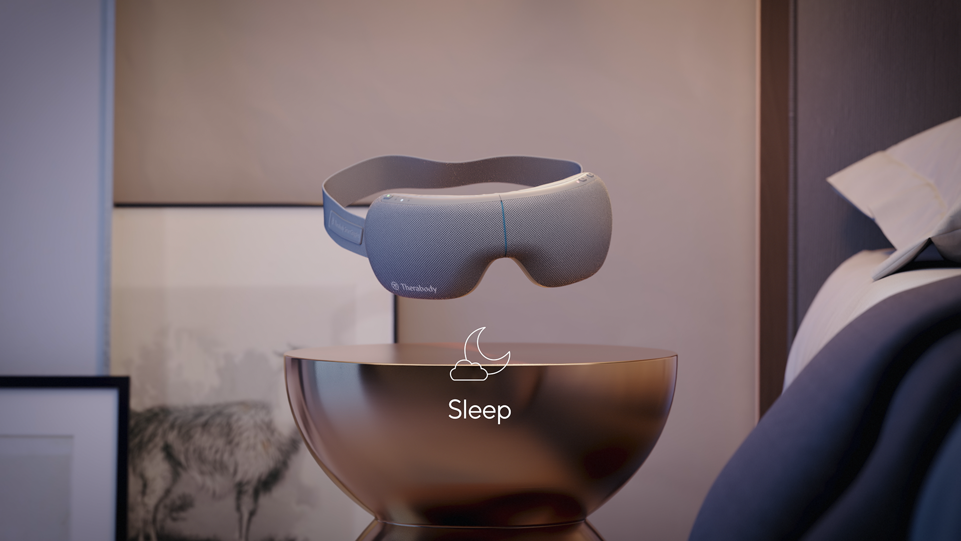 A sleek, blue and gray smartgoggles resting on a wooden surface, with the word "Sleep" displayed below it.