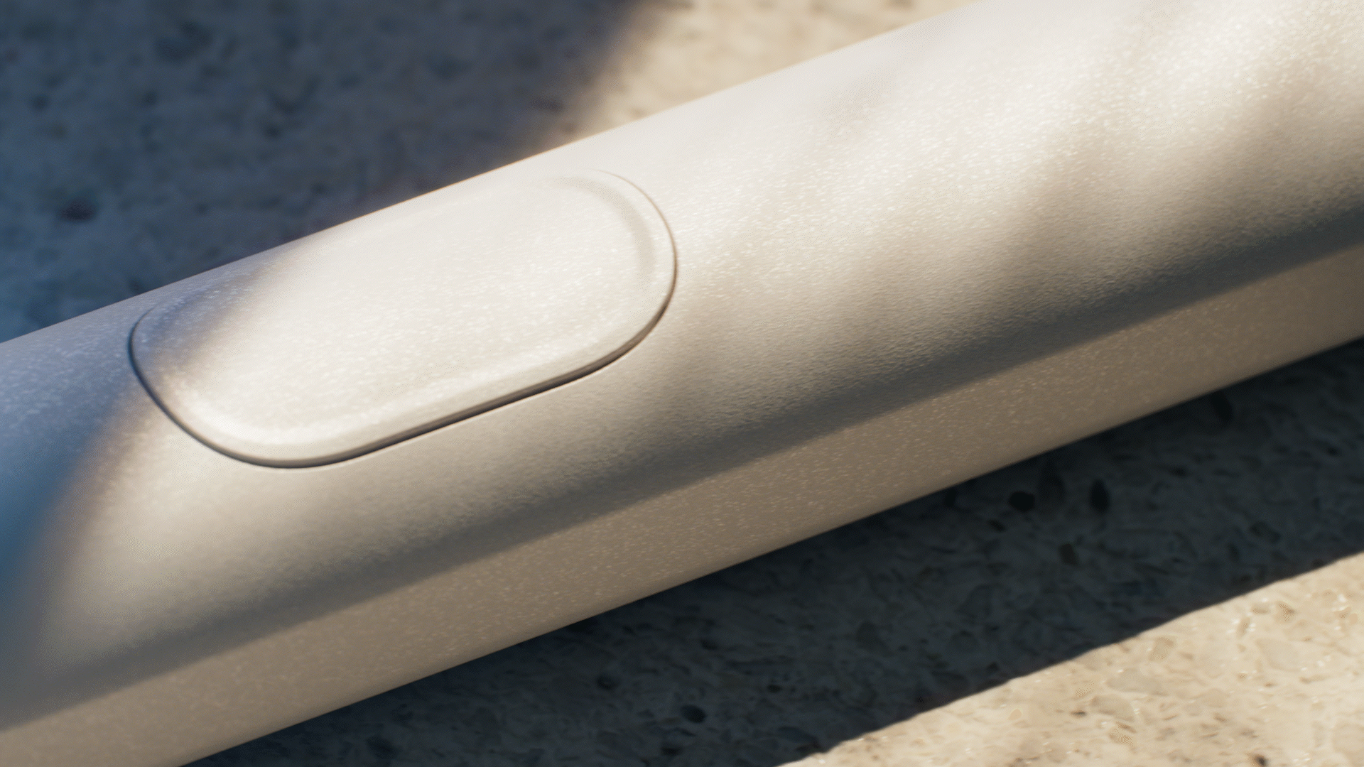 Animated sequence: A sleek, modern stylus pen lies on a textured surface, its tip pointing upwards, ready for use.